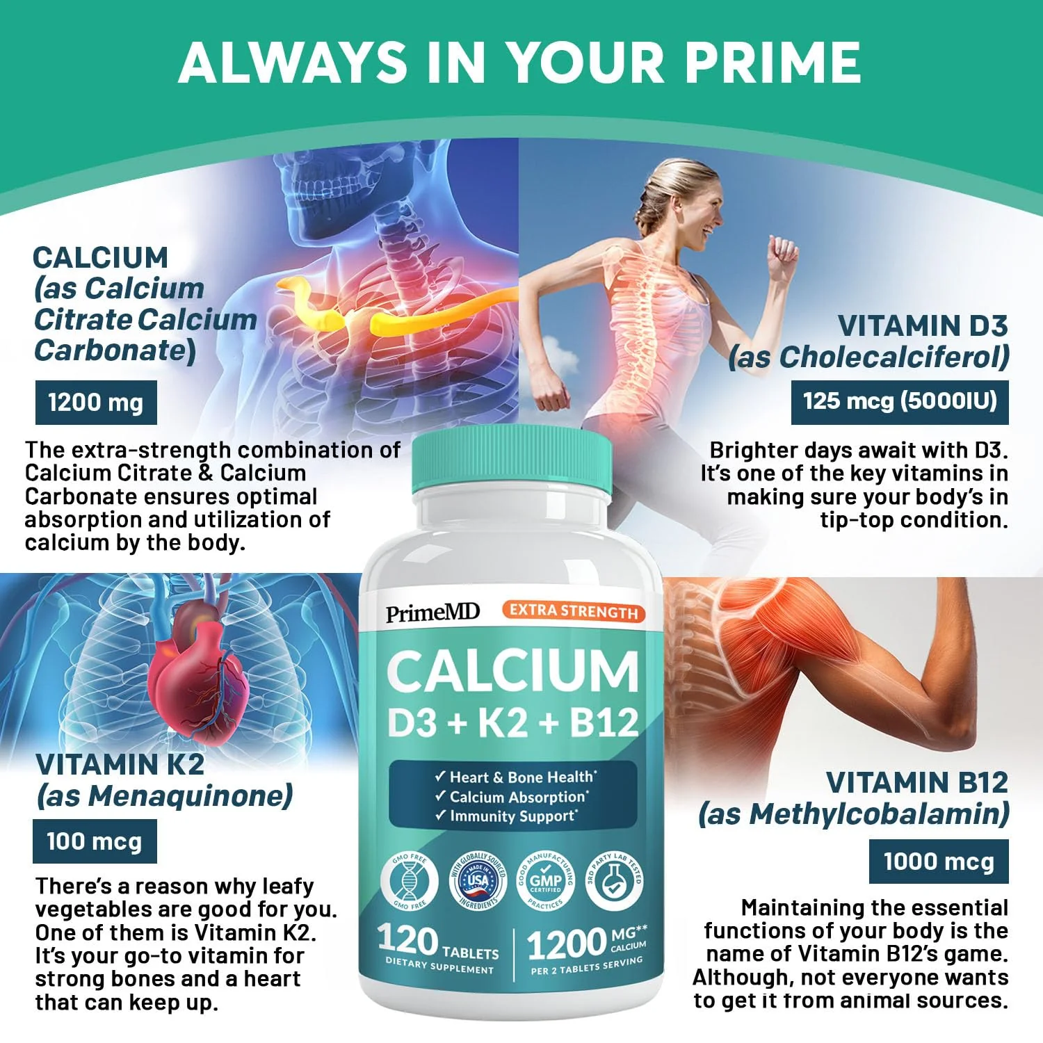 PrimeMD 4-in-1 Calcium 1200 mg with Vitamin D3 & K2 – Vegan Supplement (120 Count) - Image 4