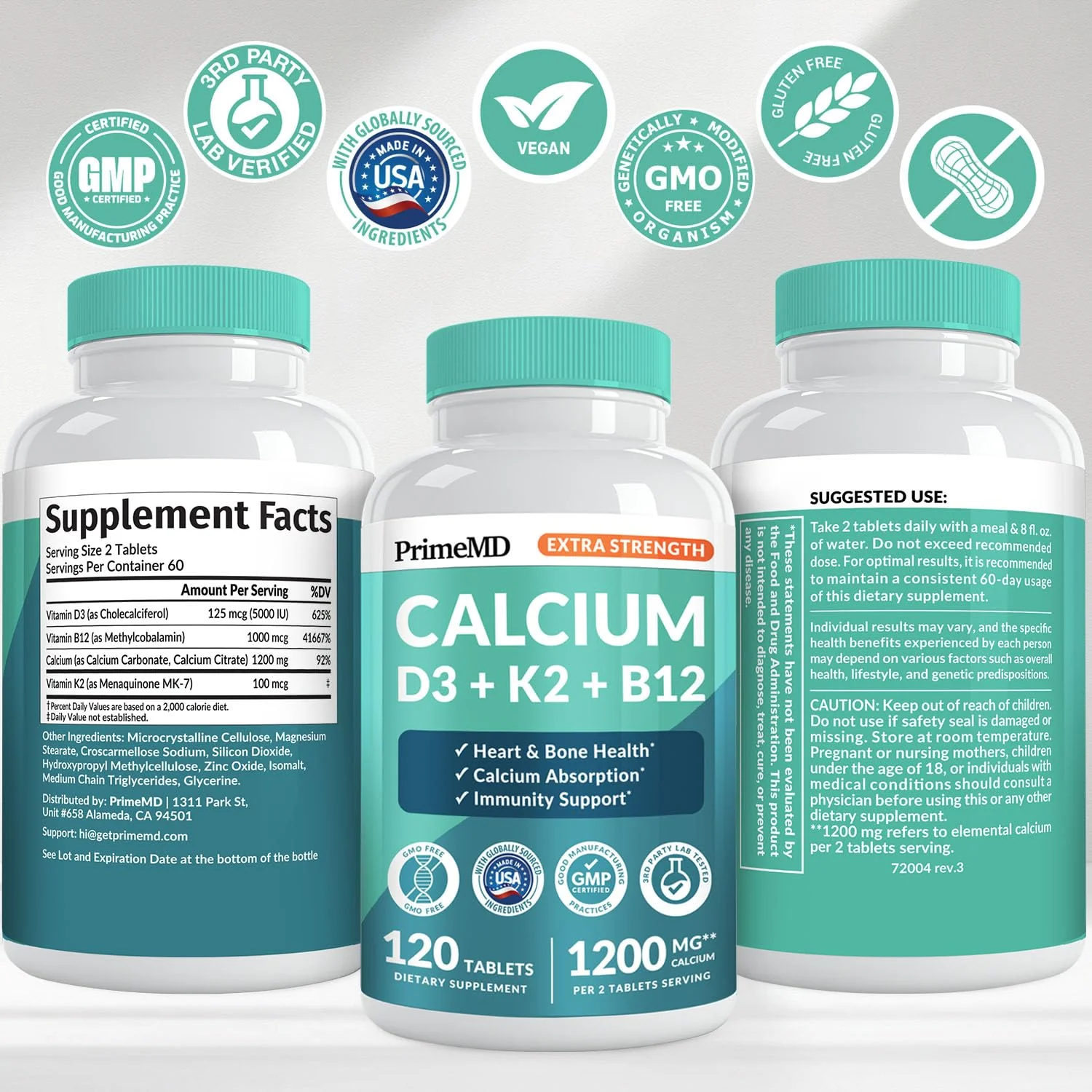 PrimeMD 4-in-1 Calcium 1200 mg with Vitamin D3 & K2 – Vegan Supplement (120 Count) - Image 7