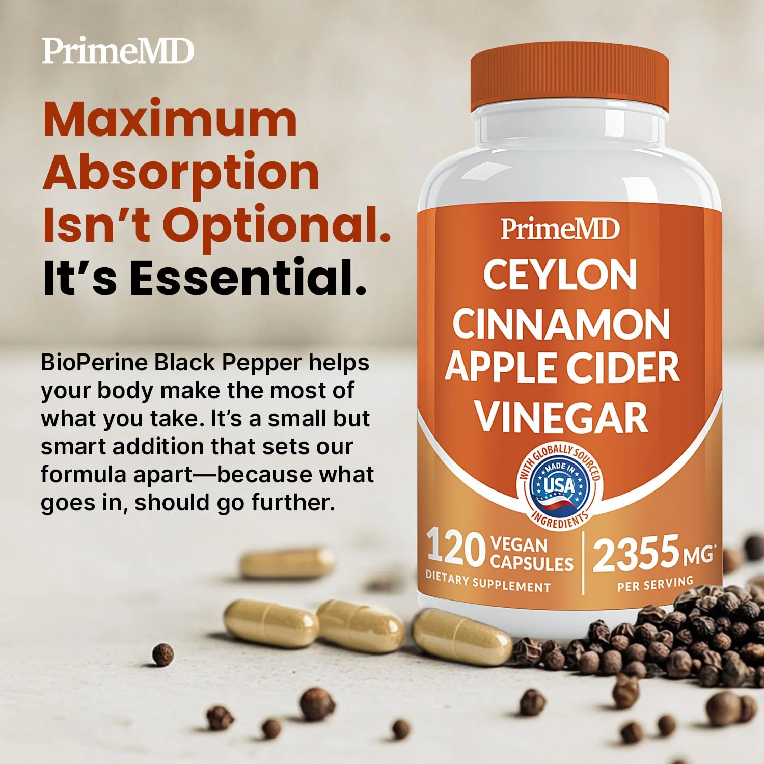 PrimeMD 5-in-1 Ceylon Cinnamon Capsules 2355mg with Apple Cider Vinegar, Turmeric, Panax Ginseng & Bioperine (Pack of 2, 120 Count) - Image 17