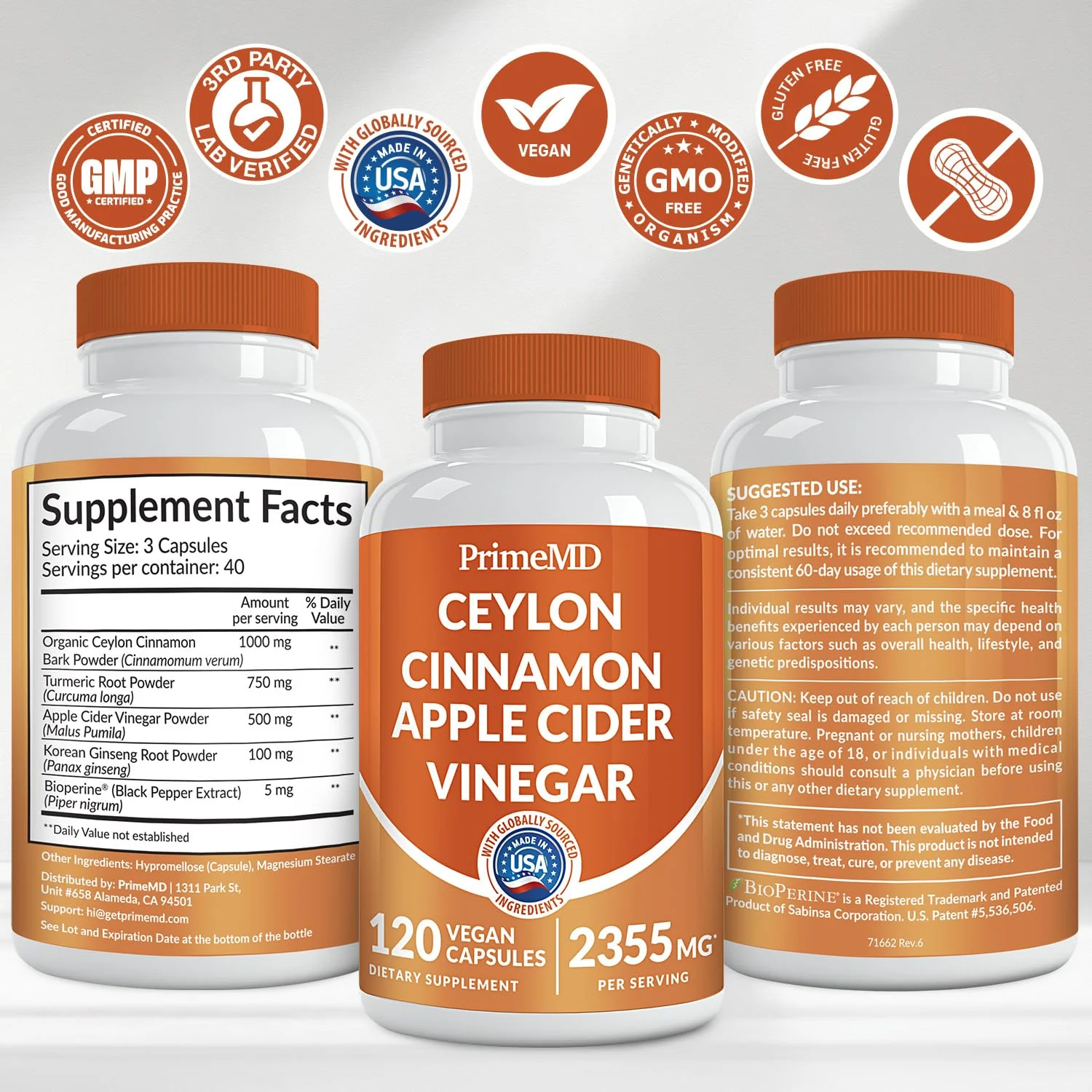 PrimeMD 5-in-1 Ceylon Cinnamon Capsules 2355mg with Apple Cider Vinegar, Turmeric, Panax Ginseng & Bioperine (Pack of 2, 120 Count) - Image 18