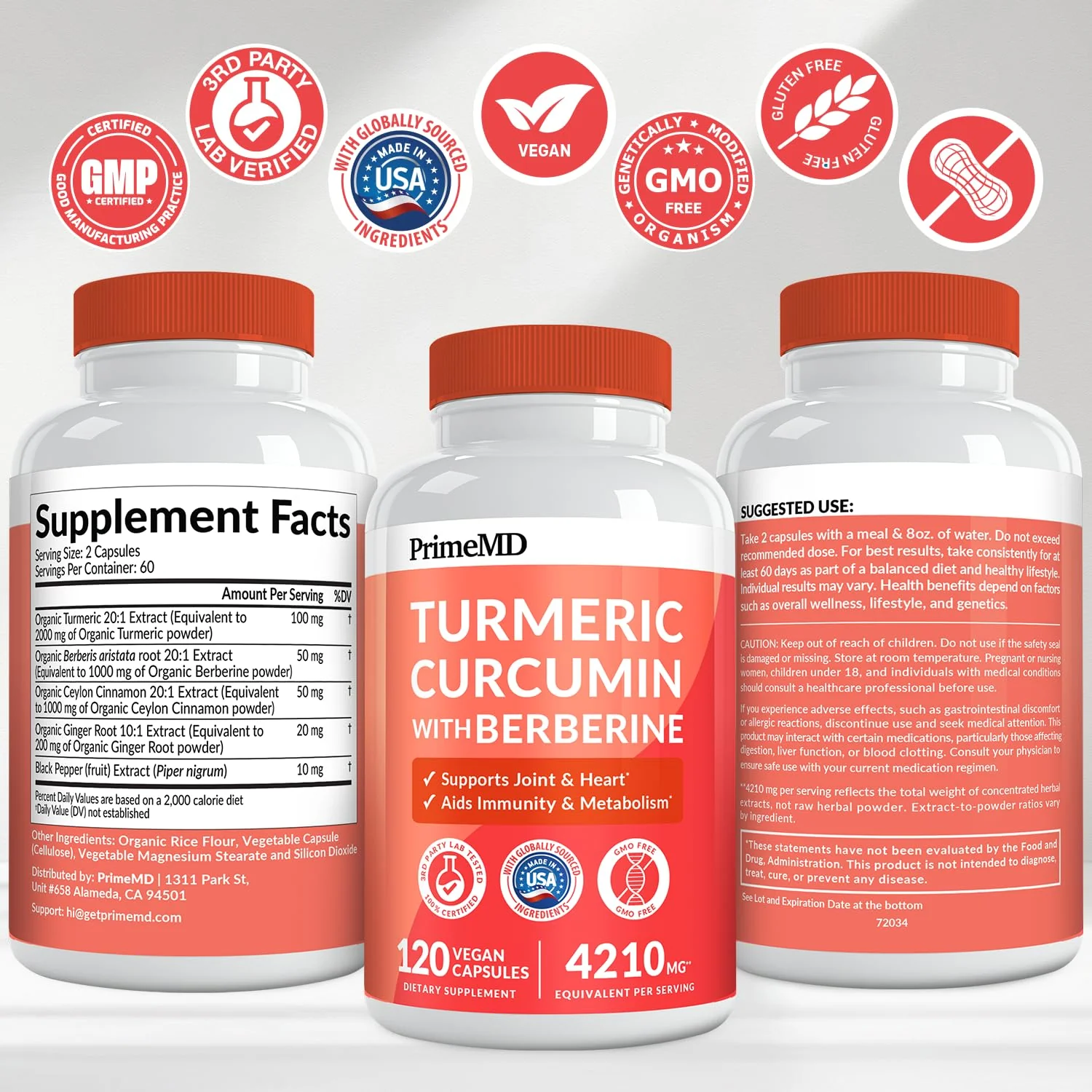 PrimeMD 5-in-1 Organic Turmeric Curcumin + Berberine & Cinnamon (4210mg) – 120 ct Pack of 4 - Image 16