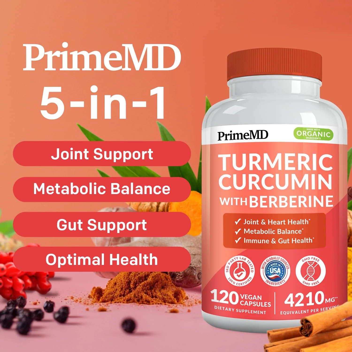 PrimeMD 5-in-1 Organic Turmeric Curcumin with Berberine & Bioperine – 120 ct (Pack of 3) - Image 10