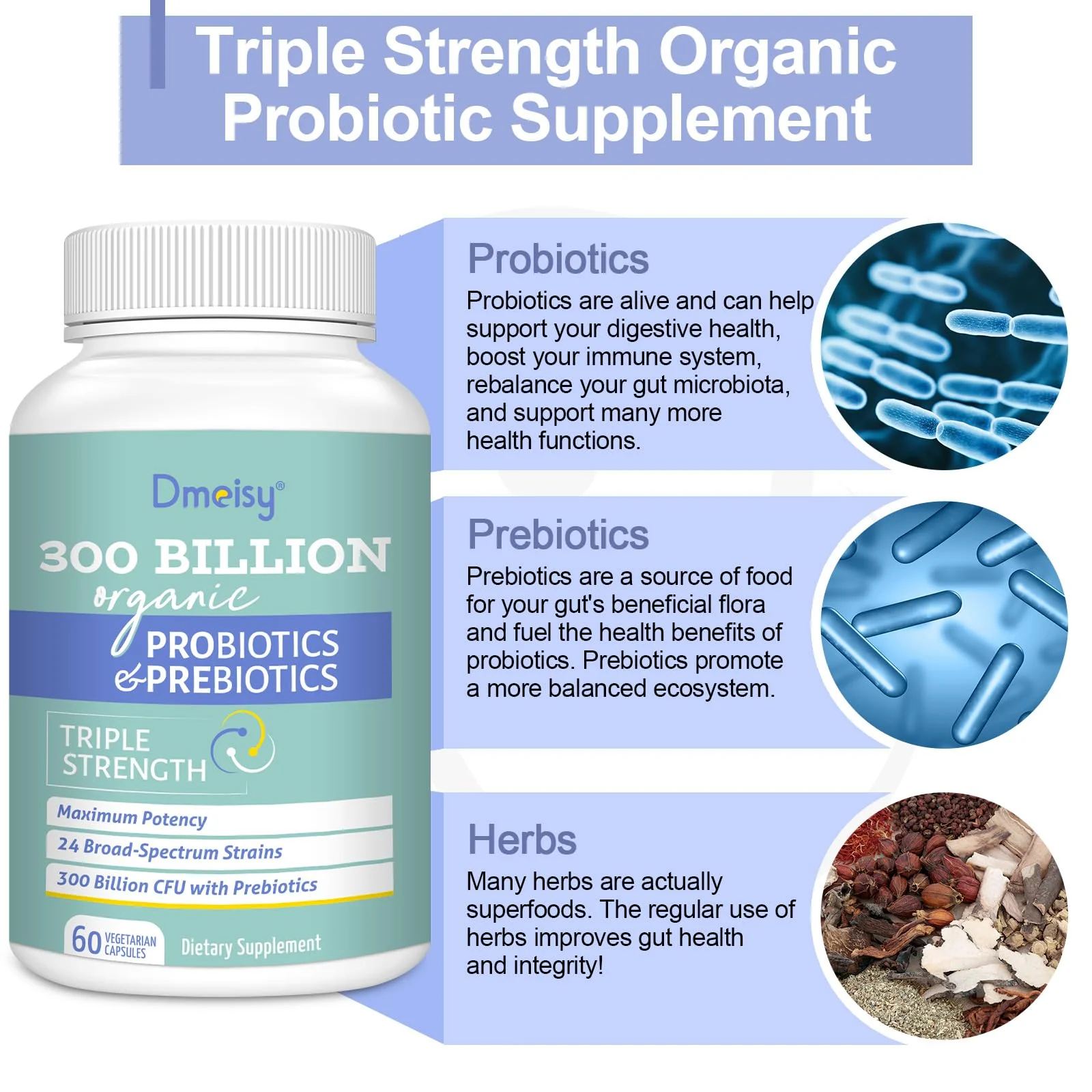 Probiotics for Women and Men - 300 Billion CFU, 24 Strains, 15 Organic Herbs + Prebiotics - Shelf-Stable Gut Health Supplement (8 Month Supply) - Image 3