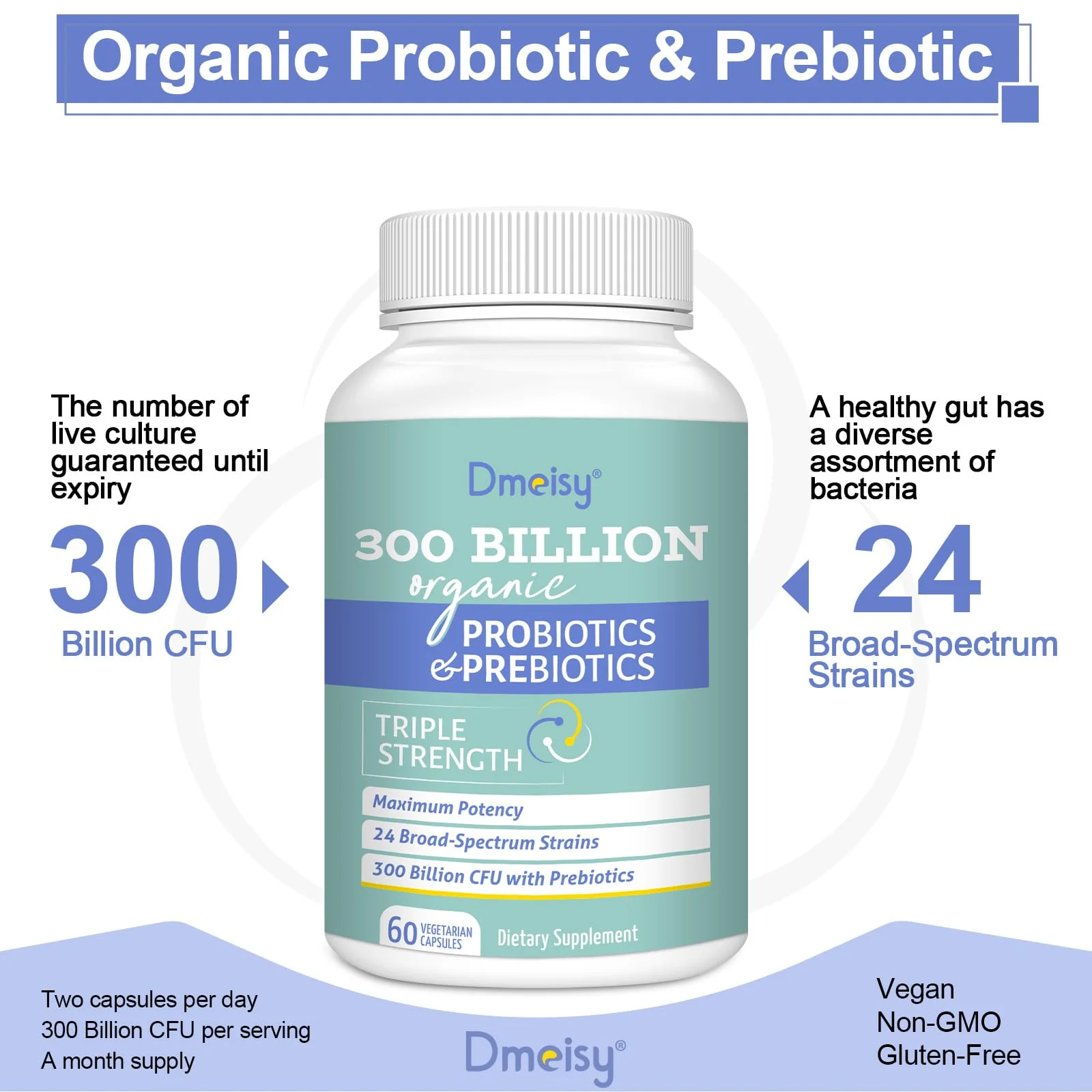 Probiotics for Women and Men - 300 Billion CFU, 24 Strains, 15 Organic Herbs + Prebiotics - Shelf-Stable Gut Health Supplement (8 Month Supply) - Image 5