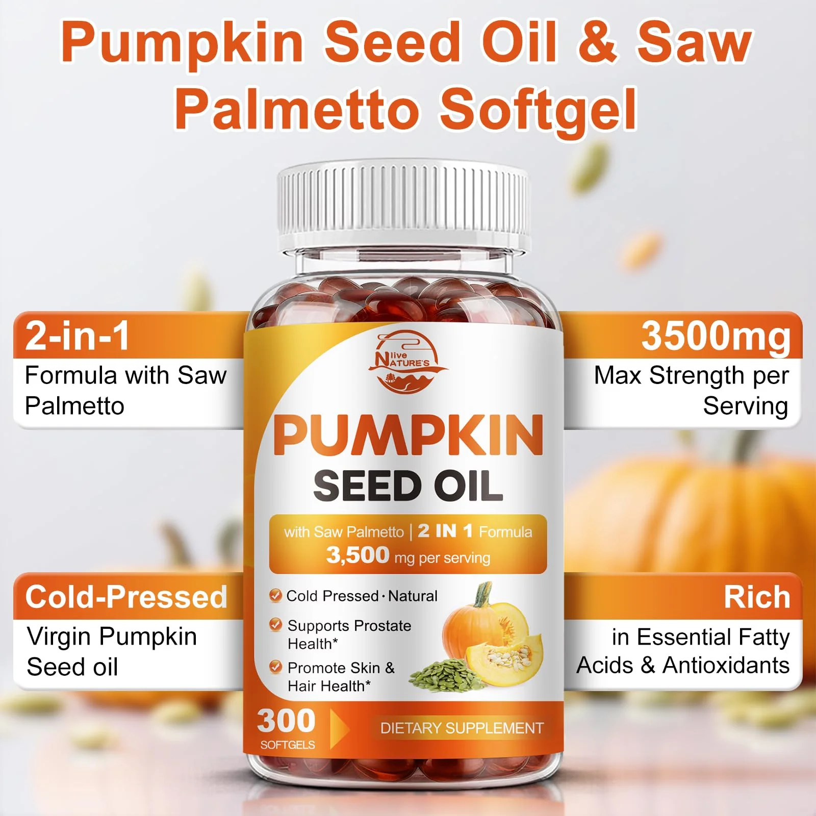 Pumpkin Seed Oil with Saw Palmetto 3500mg Softgels, 300ct, Cold-Pressed - Image 2
