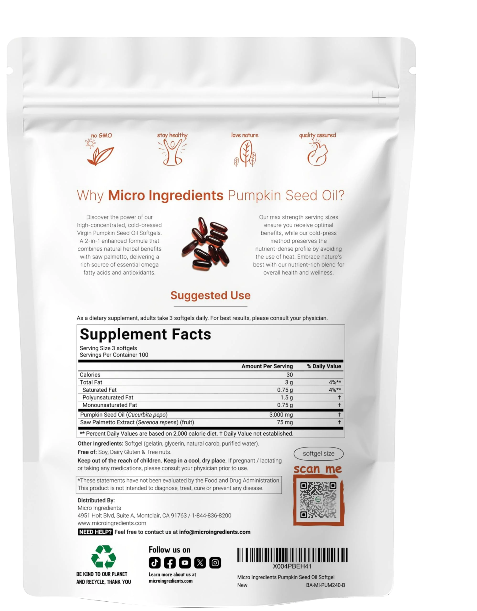 Pumpkin Seed Oil with Saw Palmetto – Micro Ingredients, 300 Softgels (Cold Pressed, Non-GMO) - Image 3