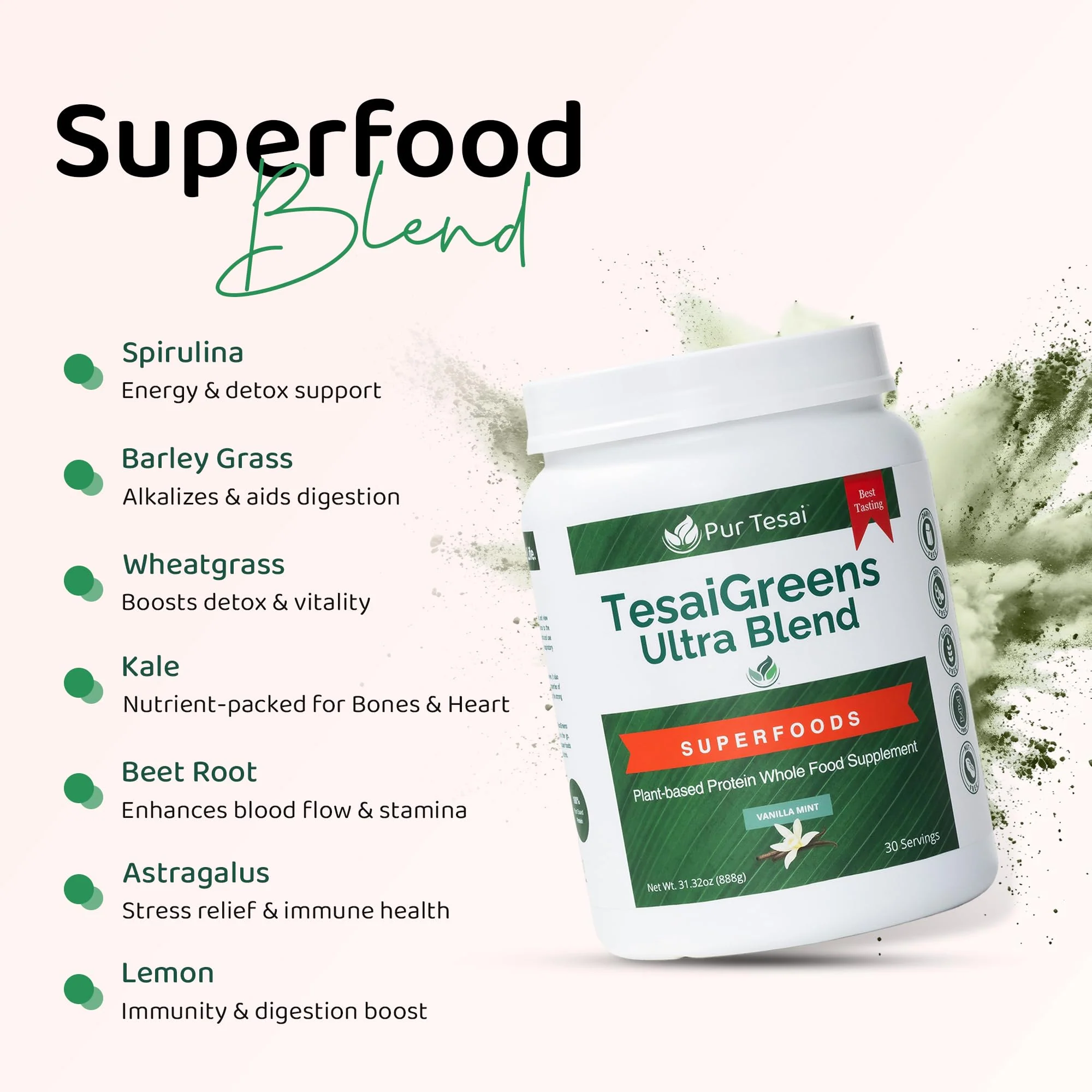 Pur Tesai TesaiGreens Ultra Blend Superfood Powder – Plant-Based Nutrition, 16g Protein, 7B Probiotics - Image 4