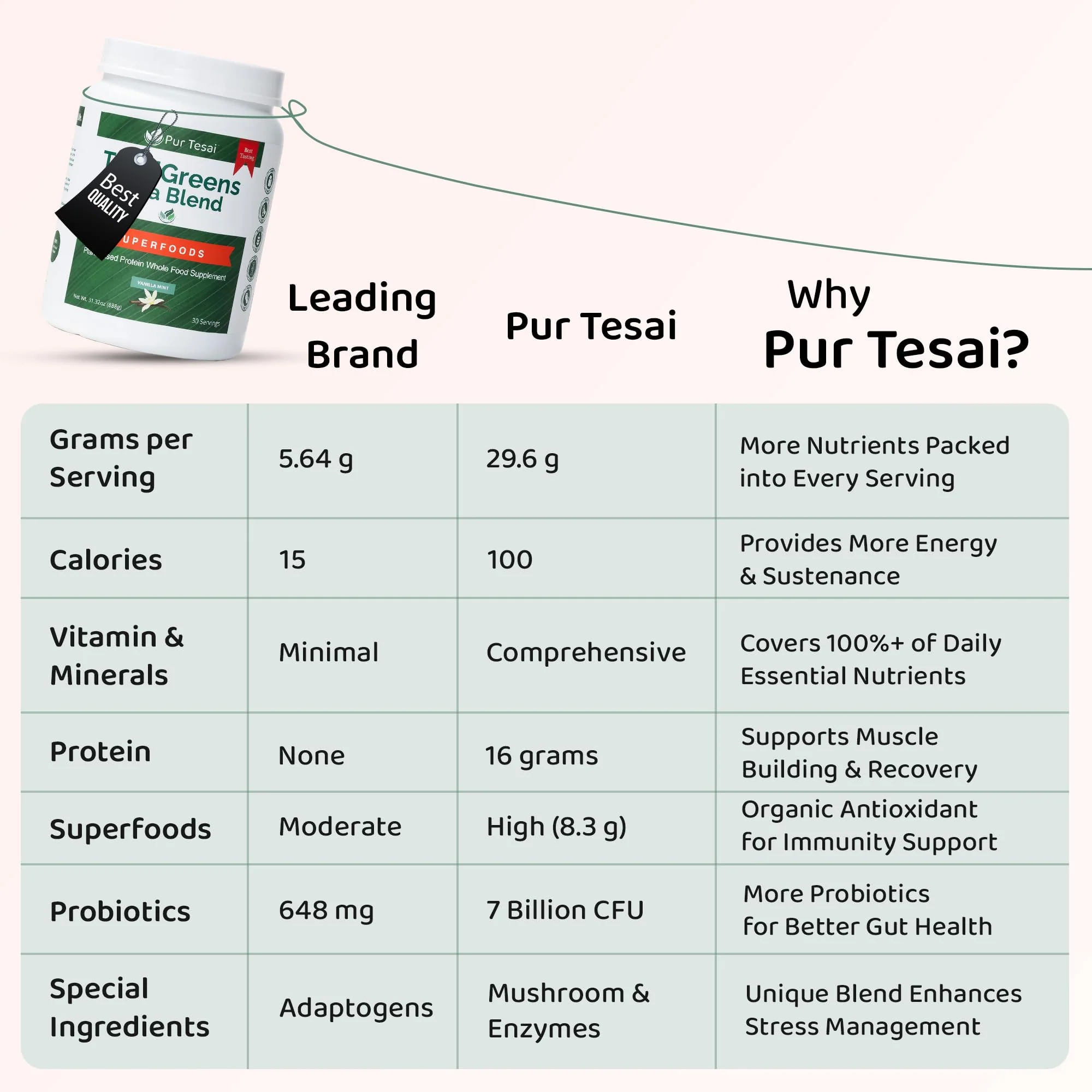 Pur Tesai TesaiGreens Ultra Blend Superfood Powder – Plant-Based Nutrition, 16g Protein, 7B Probiotics - Image 6