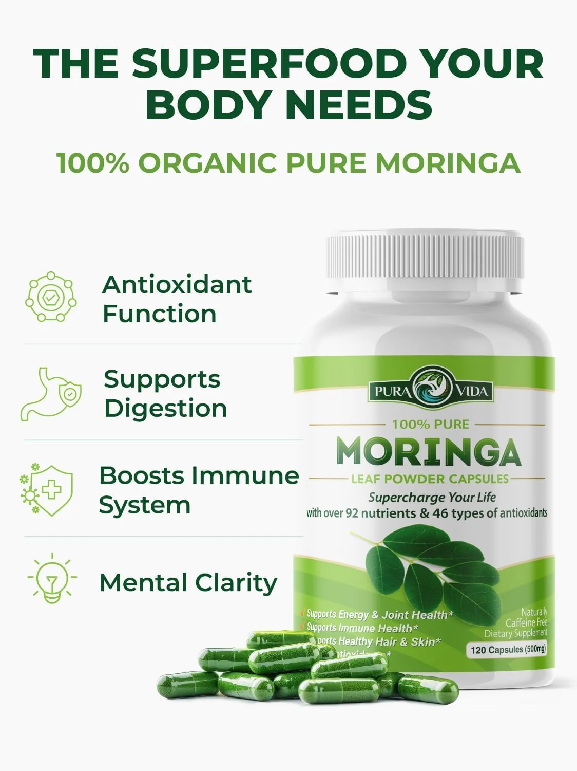 PURA VIDA MORINGA Capsules — Single Origin Organic Moringa Powder, 120 Count (500 mg) — Pack of 2 - Image 6