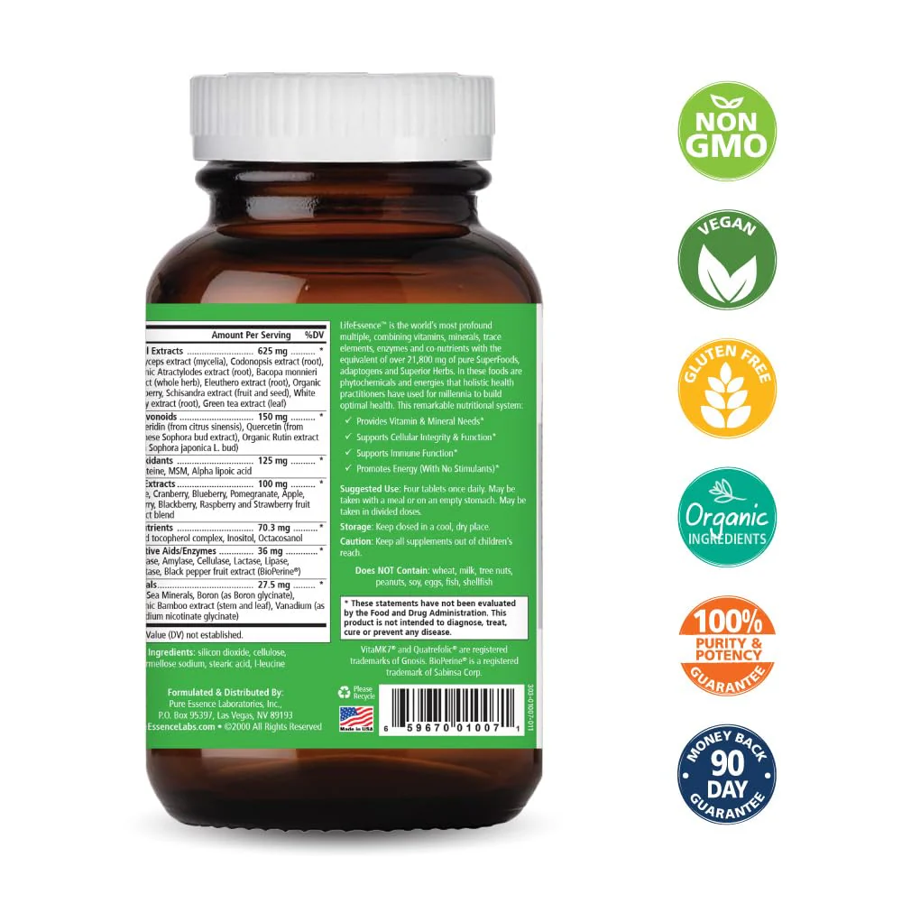 PURE ESSENCE LABS LifeEssence Multivitamin for Women & Men | Natural Herbal Vitamin D3, B12, Biotin (120 Tablets) - Image 2