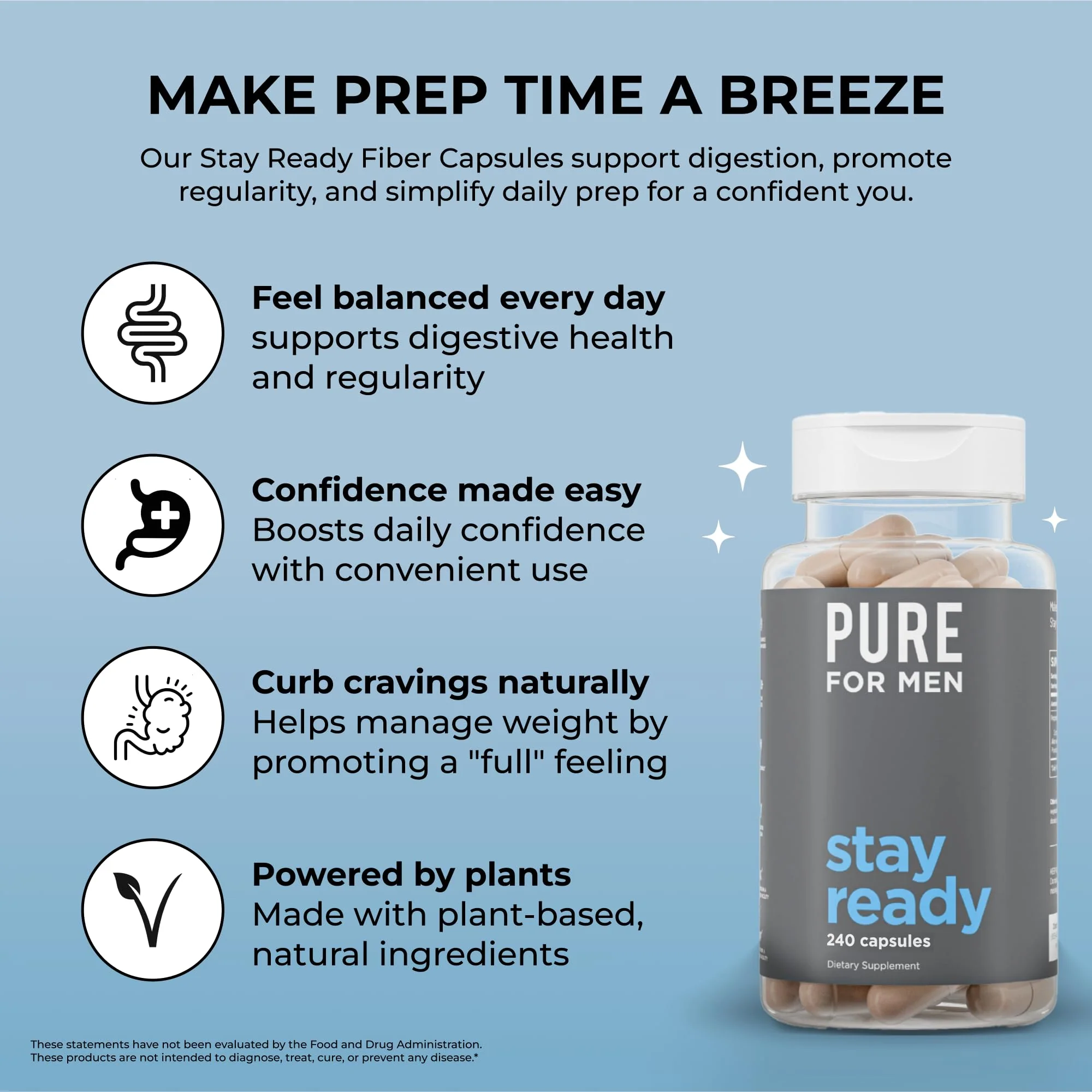 Pure for Men Stay Ready Fiber Supplement - Digestive Regularity | Psyllium Husk, Aloe Vera, Chia Seeds & Flaxseeds | 240 Vegan Capsules - Image 4
