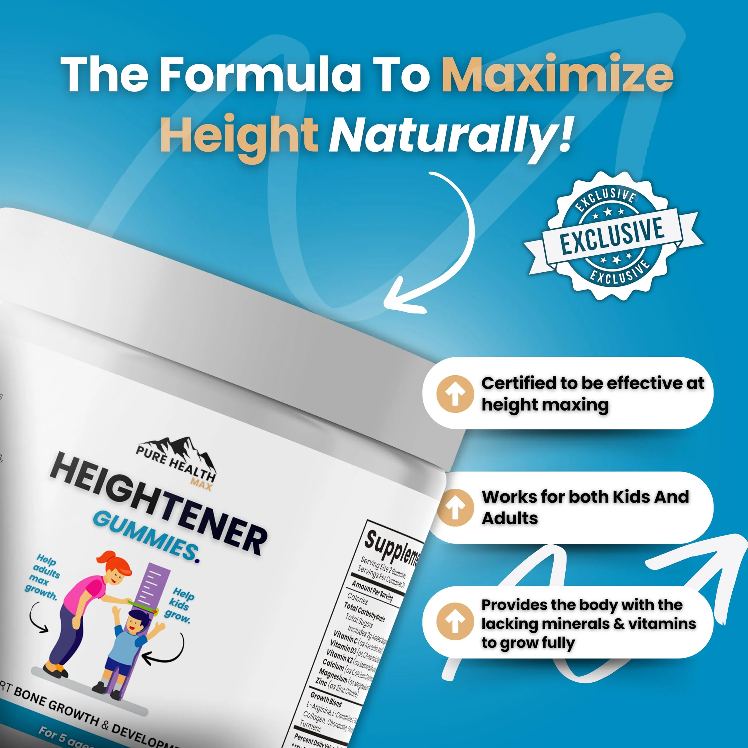 PURE HEALTH MAX Heightener Gummies — Natural Height Growth Support for Kids, Teens & Adults | Calcium & Zinc + L-Arginine - Image 4