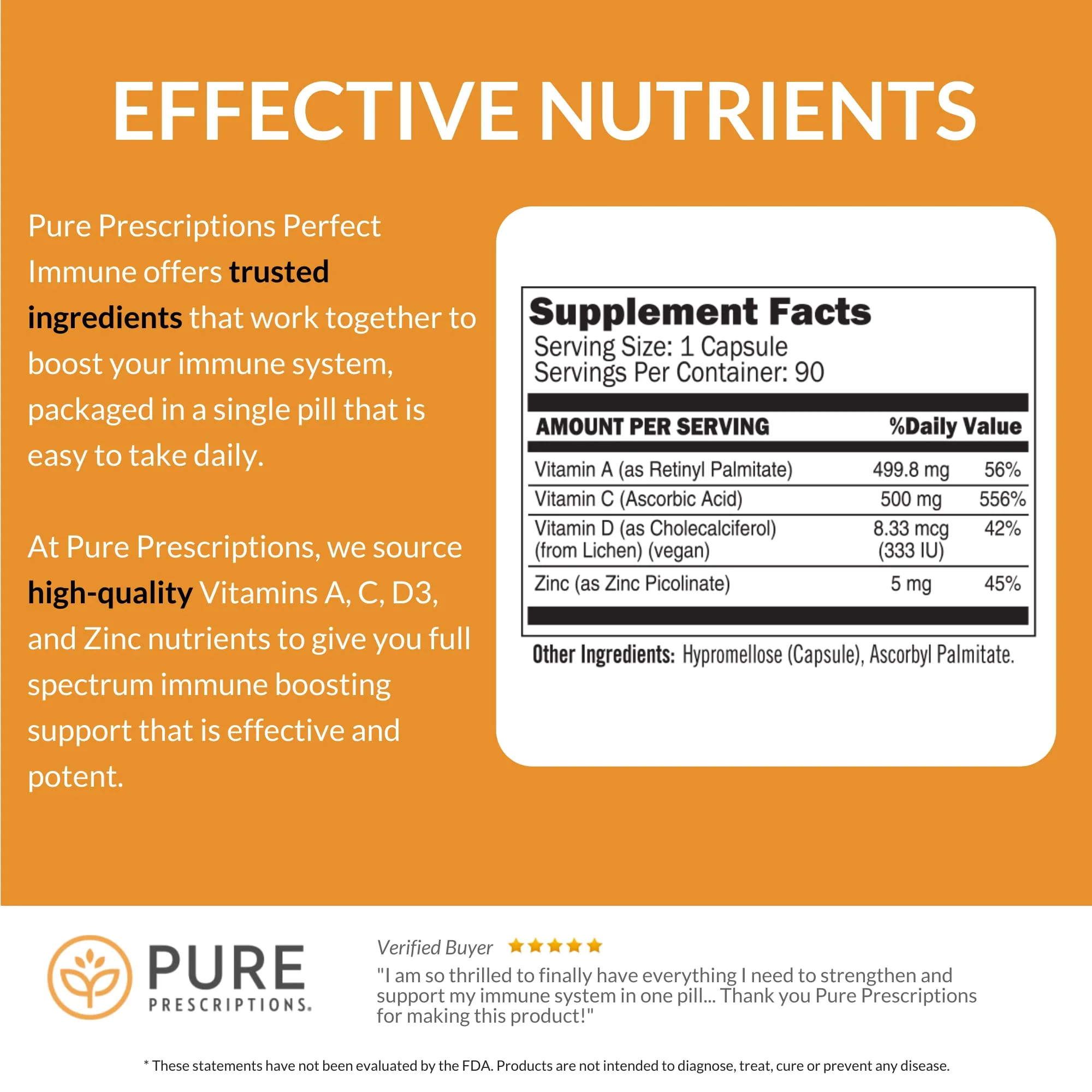 Pure Prescriptions Perfect Immune – 4 in 1 Immune Support (C, D3, Zinc, A) – USA Made - Image 3