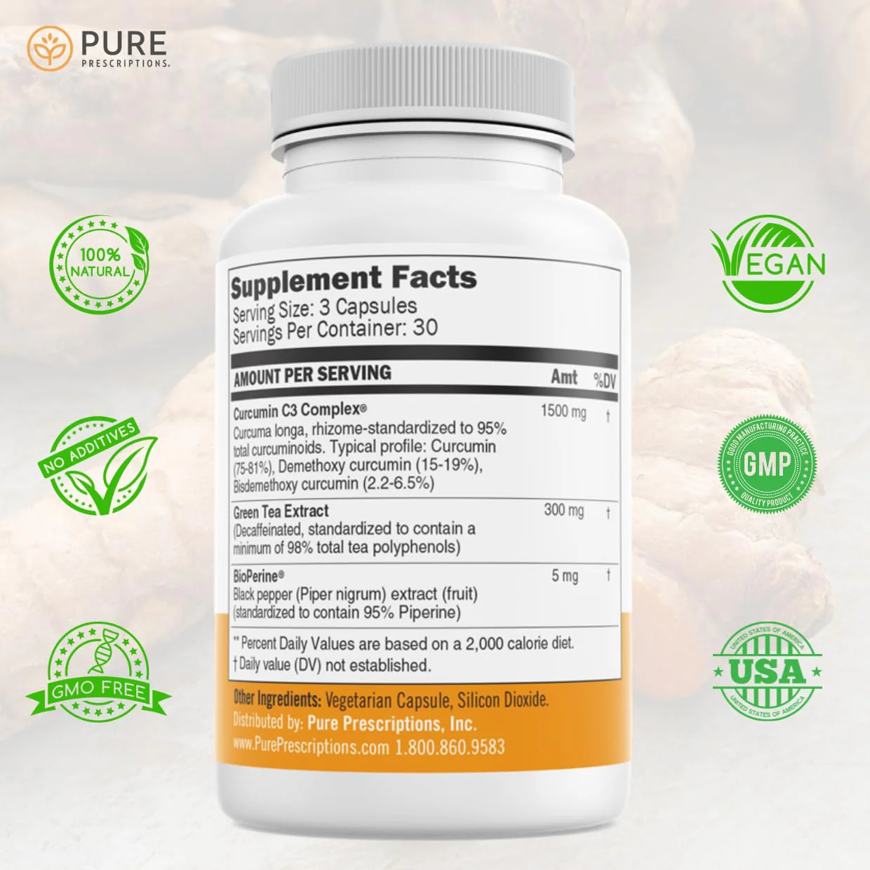 Pure Prescriptions Turmeric Curcumin C3 Complex with Bioperine - 1500mg per Serving | 90 Veg Capsules | Made in USA - Image 9