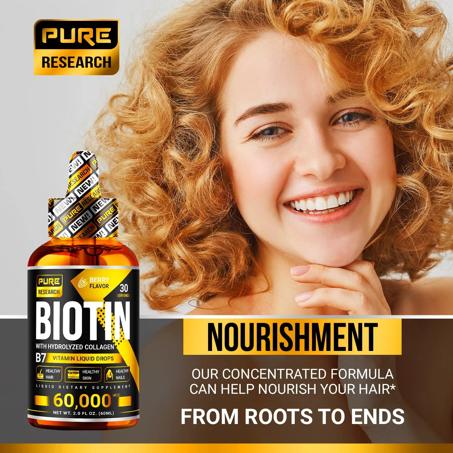PURE RESEARCH Biotin & Collagen 60,000mcg Hair Growth Liquid Drops – Strong Nails, Healthy Hair & Glowing Skin (4 Fl Oz) - Image 11