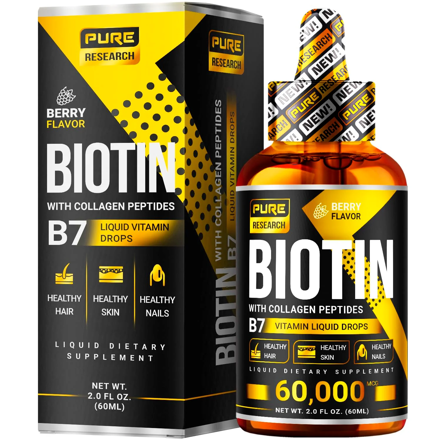 PURE RESEARCH Biotin & Collagen 60,000mcg Hair Growth Liquid Drops – Strong Nails, Healthy Hair & Glowing Skin (4 Fl Oz) - Image 12