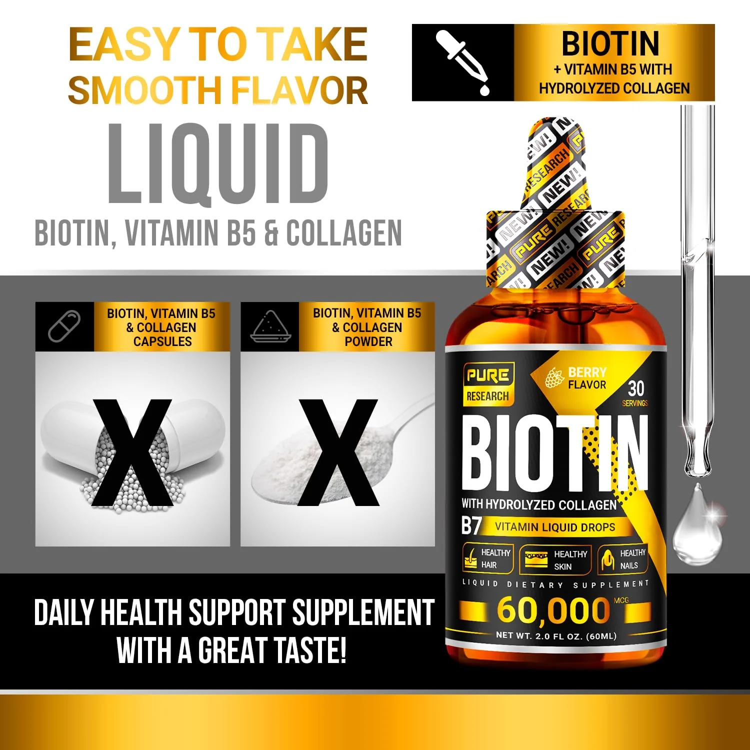 PURE RESEARCH Biotin & Collagen 60,000mcg Hair Growth Liquid Drops – Strong Nails, Healthy Hair & Glowing Skin (4 Fl Oz) - Image 8