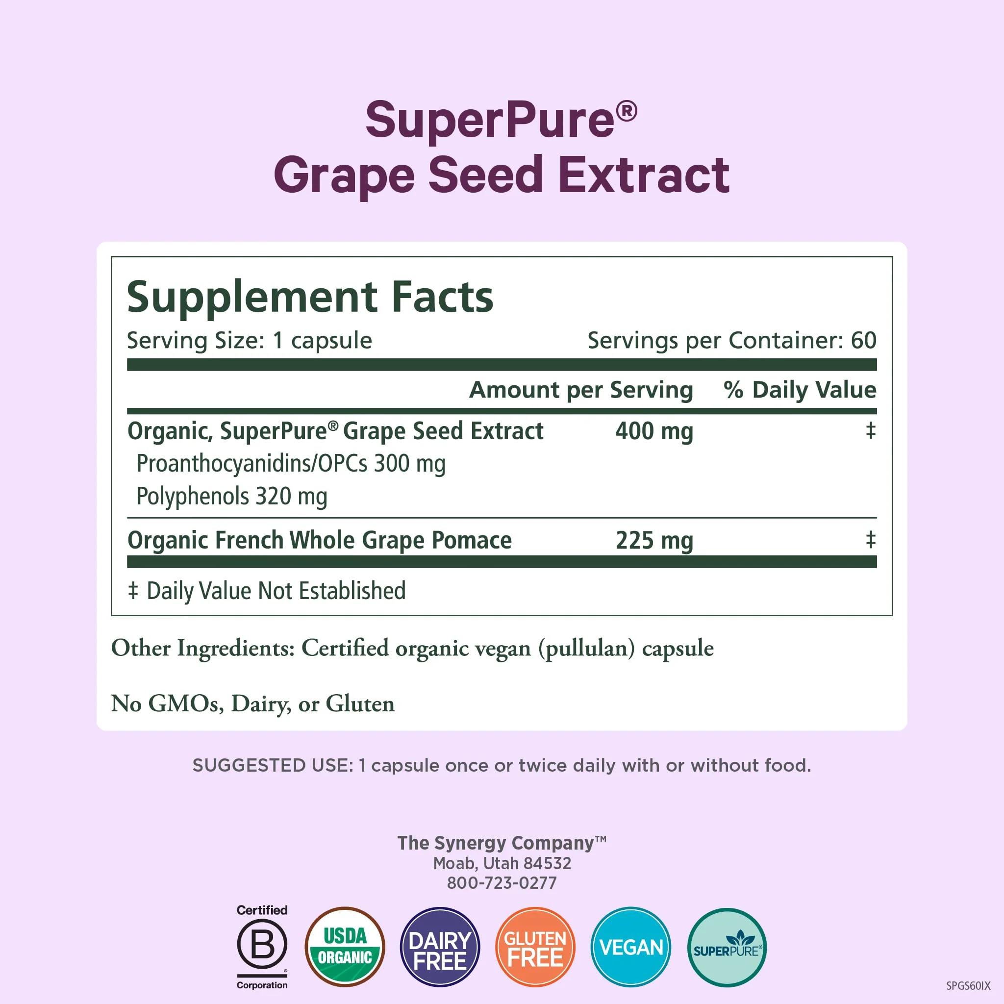 Pure Synergy SuperPure Grape Seed Extract | Organic Grape Seed Polyphenols – Heart Health, Skin & Healthy Aging (60 Capsules) - Image 2