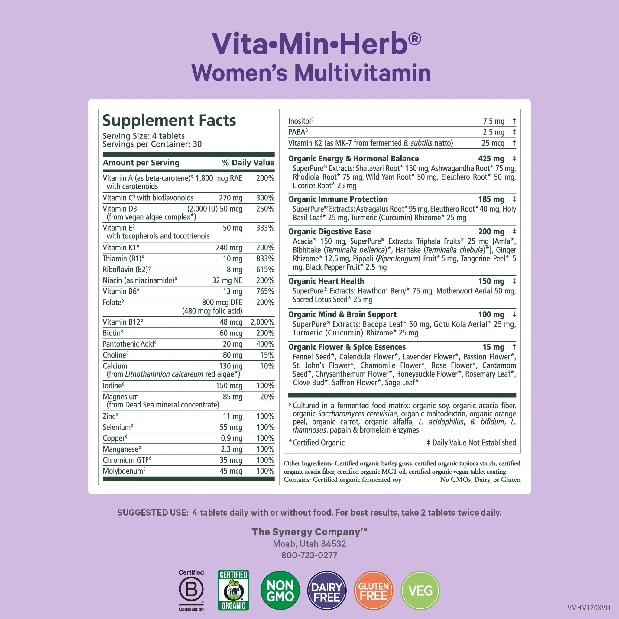 PURE SYNERGY Vita-Min-Herb for Women | Organic Whole-Food Multivitamin (120 Tablets) - Image 2