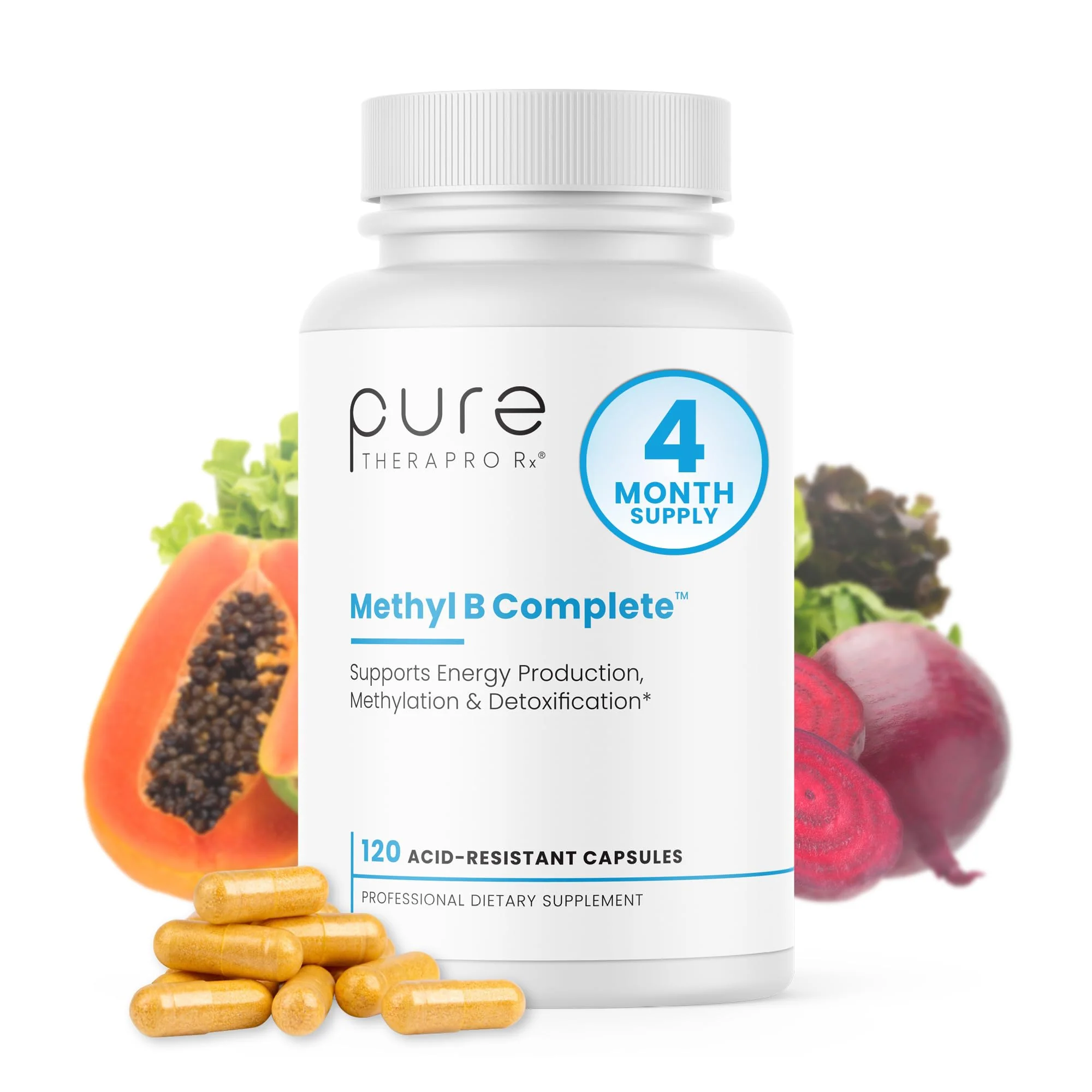 Pure Therapro Rx Methylated B Complex Vitamins Made in USA, 4 Month Supply | Methyl B Complete Quatrefolic 5-MTHF Folate, B12 Methylcobalamin, TMG Trimethylglycine, Methylfolate | Pharm Grade