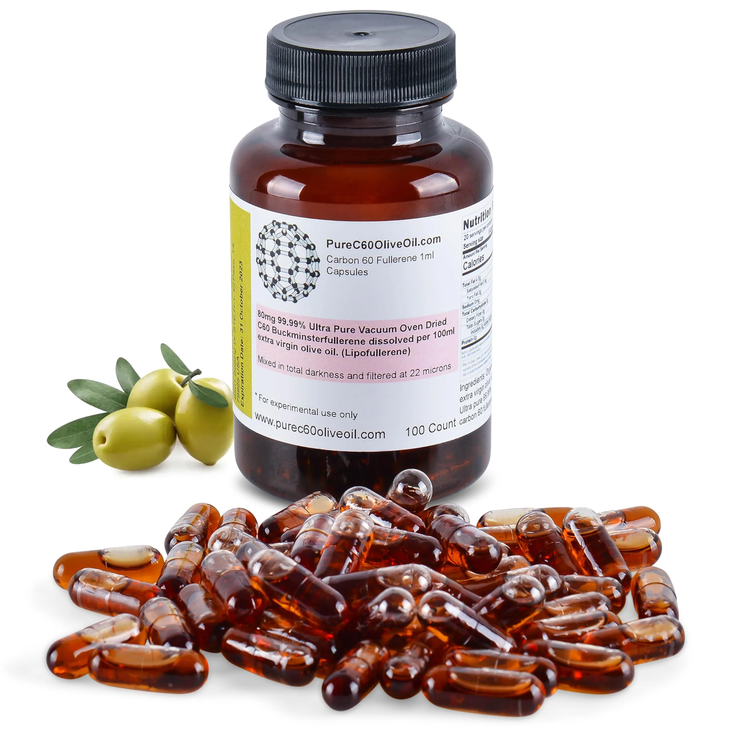 PureC60 Olive Oil Capsules – C60 Organic Olive Oil 100ml (3.4 fl oz) | Solvent Free