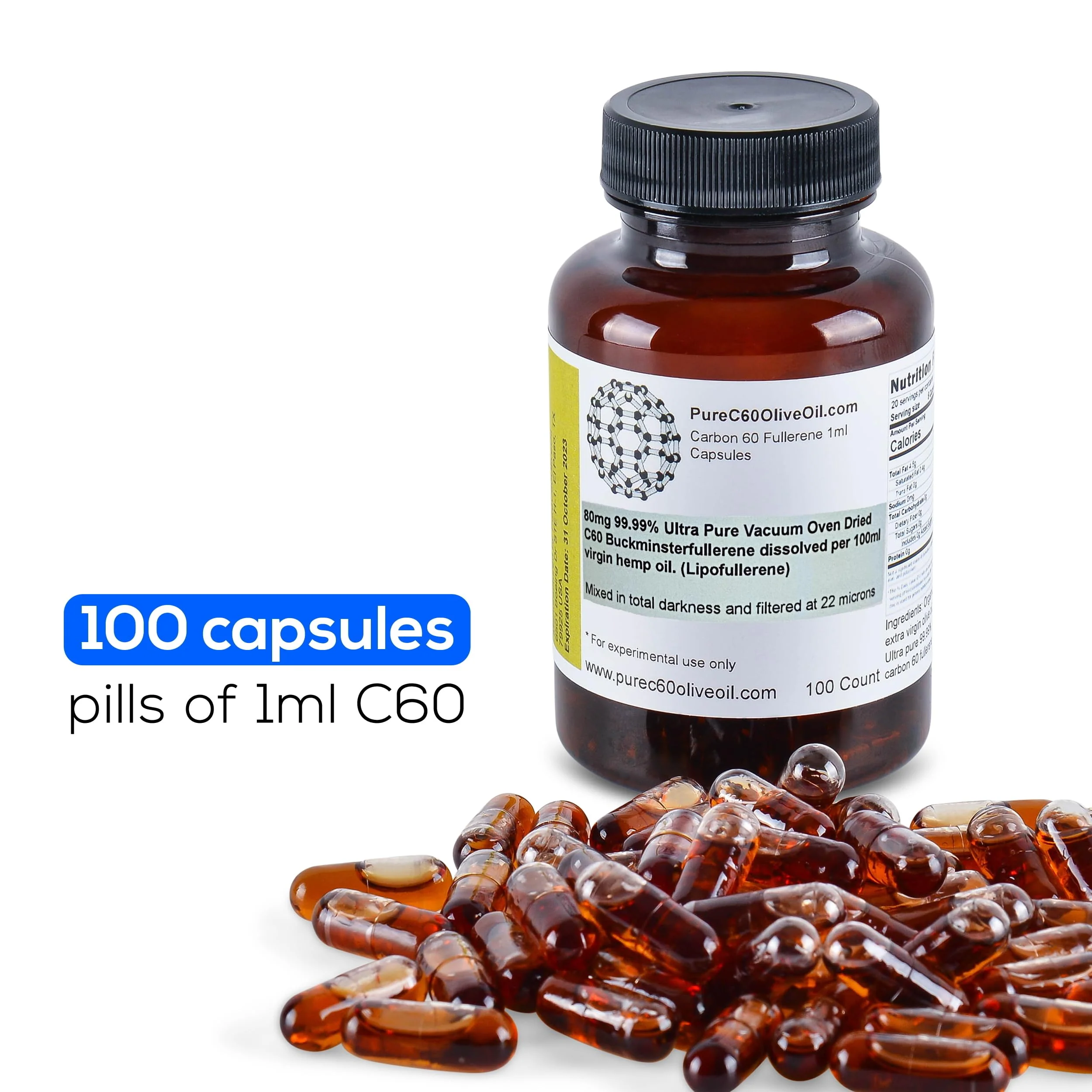 PureC60OliveOil C60 Organic Hemp Seed Oil Capsules Pills 100ml / 3.4 Fl Oz - 99.99% Carbon 60 Solvent Free 80mg - Food Grade - Carbon 60 Hemp Seed Oil - from The Leading Global Producer - Image 4