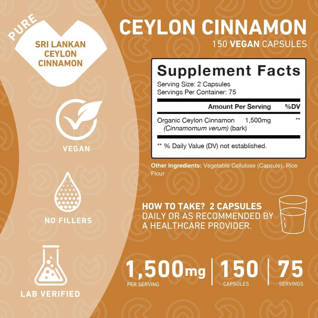 PUREFINITY Ceylon Cinnamon Capsules – 1500mg, Vegan, Non-GMO, 150 Count (75 Day Supply) Pack of 2 - Image 4