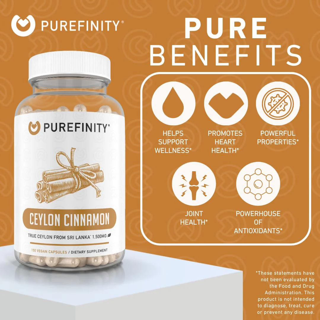 PUREFINITY Ceylon Cinnamon Capsules – 1500mg, Vegan, Non-GMO, 150 Count (75 Day Supply) Pack of 2 - Image 5