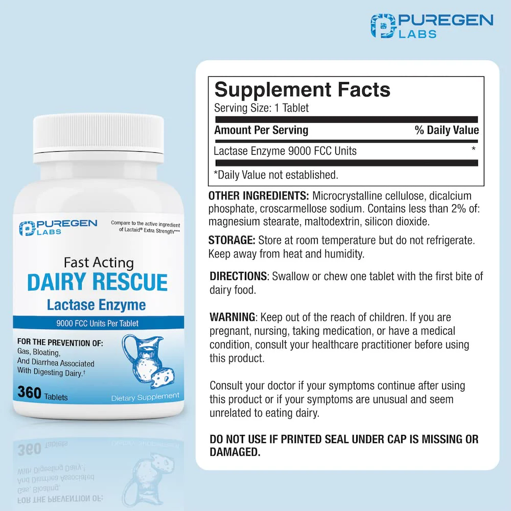 Puregen Labs Dairy Relief – Fast Acting Lactase Enzyme 9000 FCC | Lactose Intolerance Pills 360 Tablets - Image 2