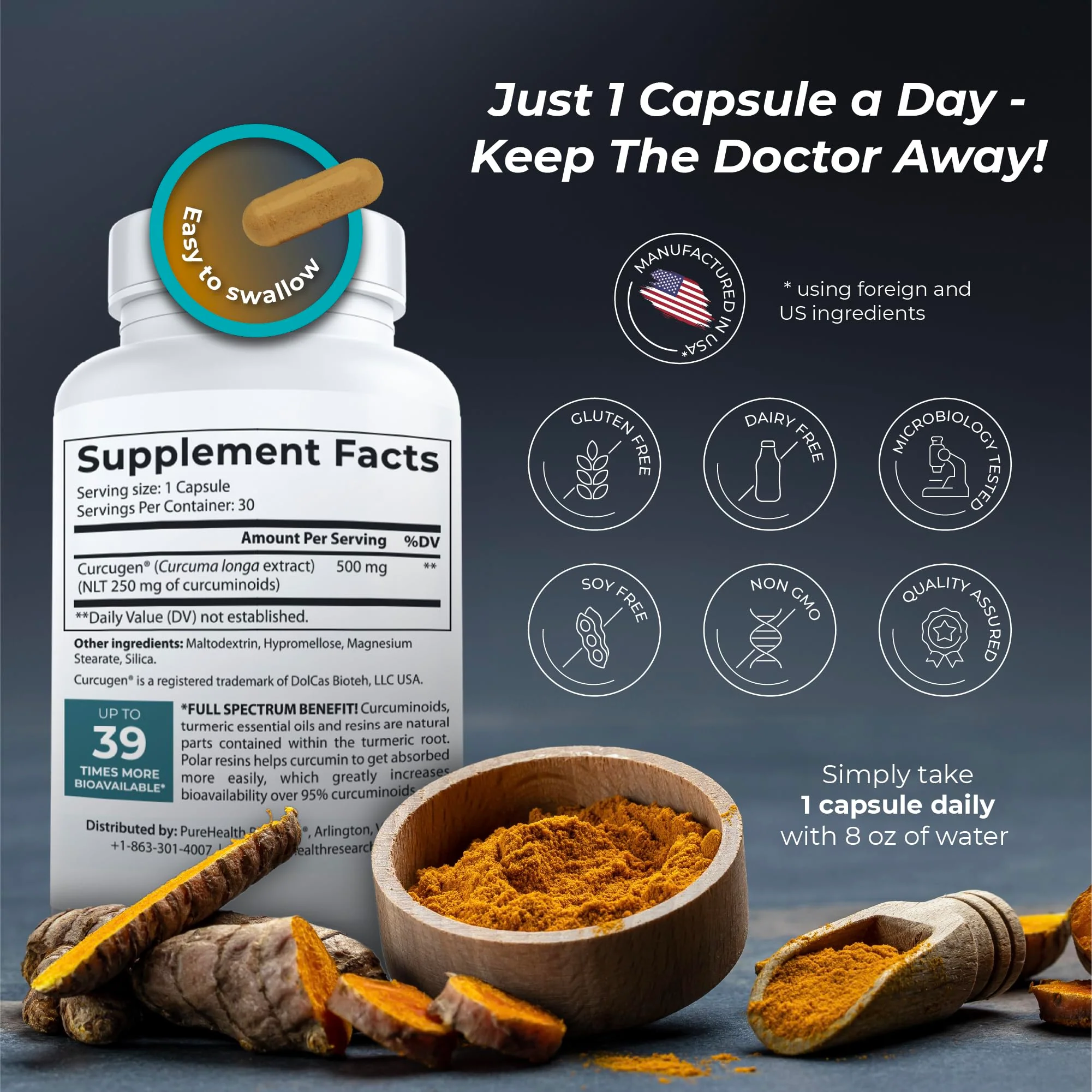 PureHealth Curcumin Extract – High-Absorption Turmeric for Immune & Joint Support (Curcugen x39) - Image 2