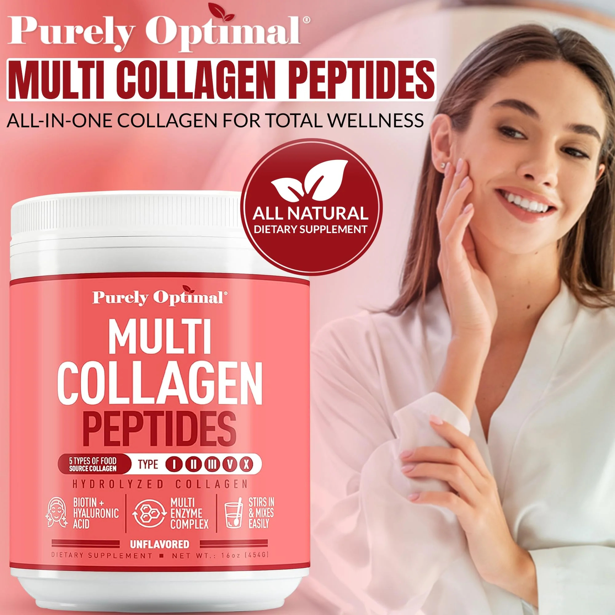 Purely Optimal Multi Collagen Powder for Women – 5 Types, Biotin & Hyaluronic Acid (Unflavored, 42 Servings) - Image 3