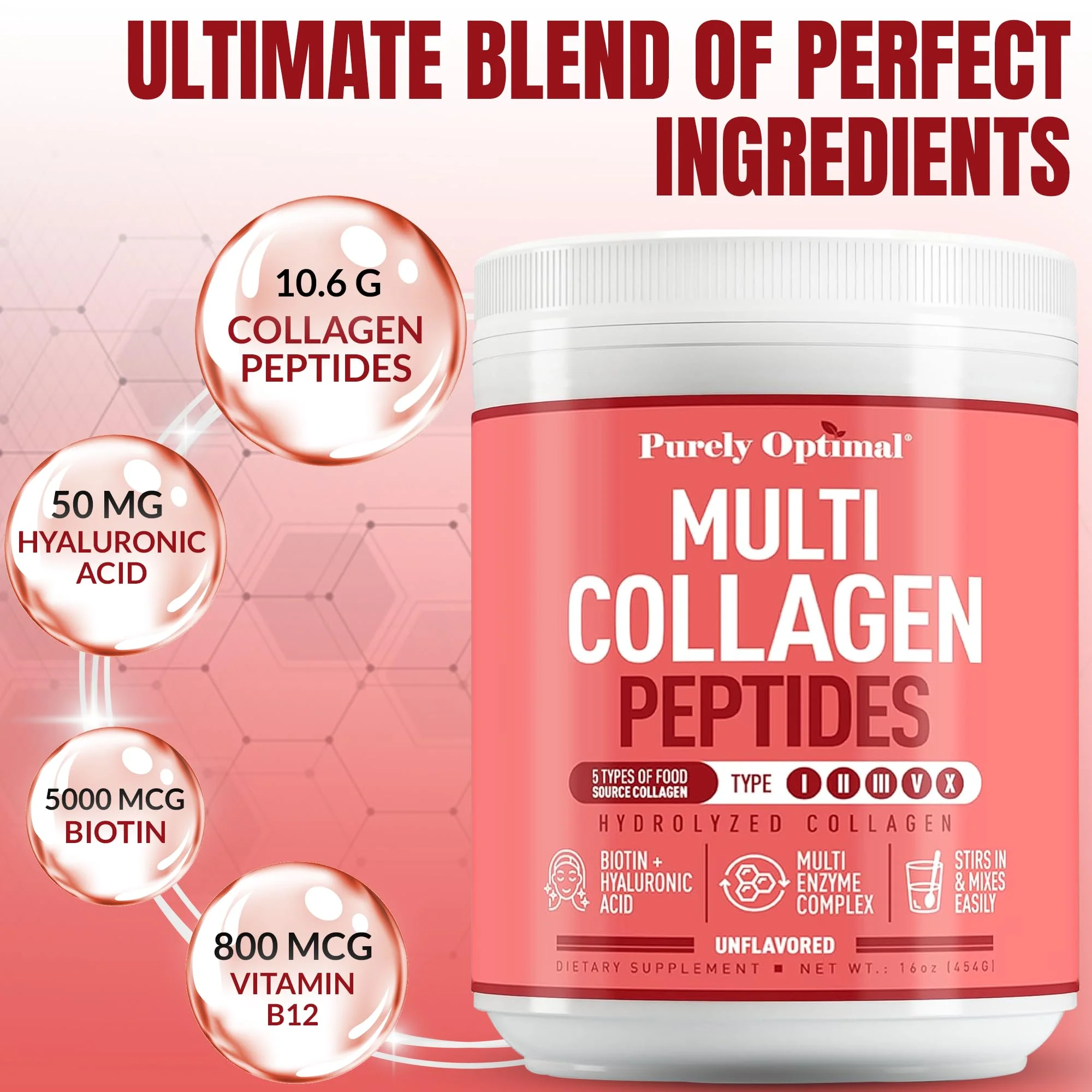 Purely Optimal Multi Collagen Powder for Women – 5 Types, Biotin & Hyaluronic Acid (Unflavored, 42 Servings) - Image 4