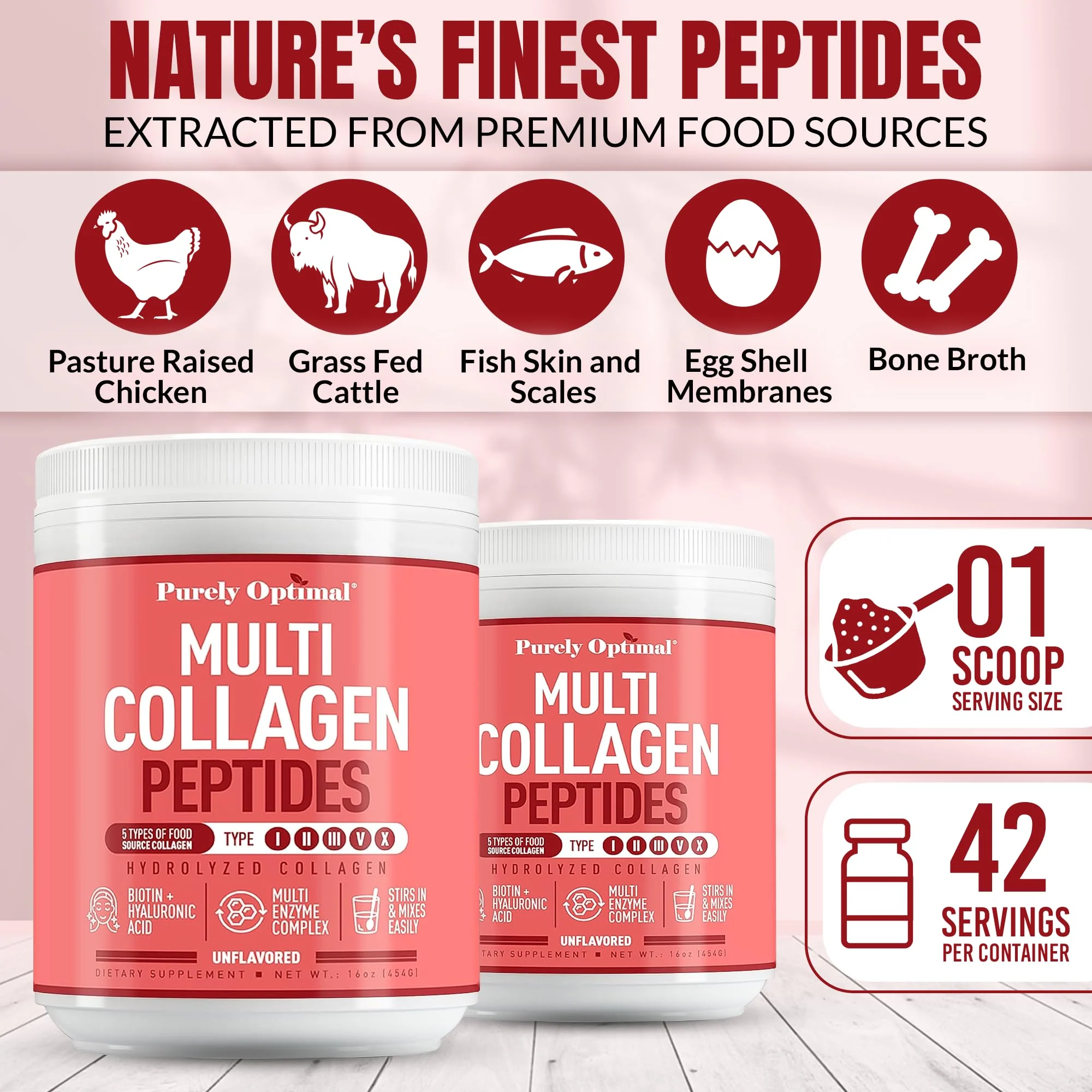 Purely Optimal Multi Collagen Powder for Women – 5 Types, Biotin & Hyaluronic Acid (Unflavored, 42 Servings) - Image 7