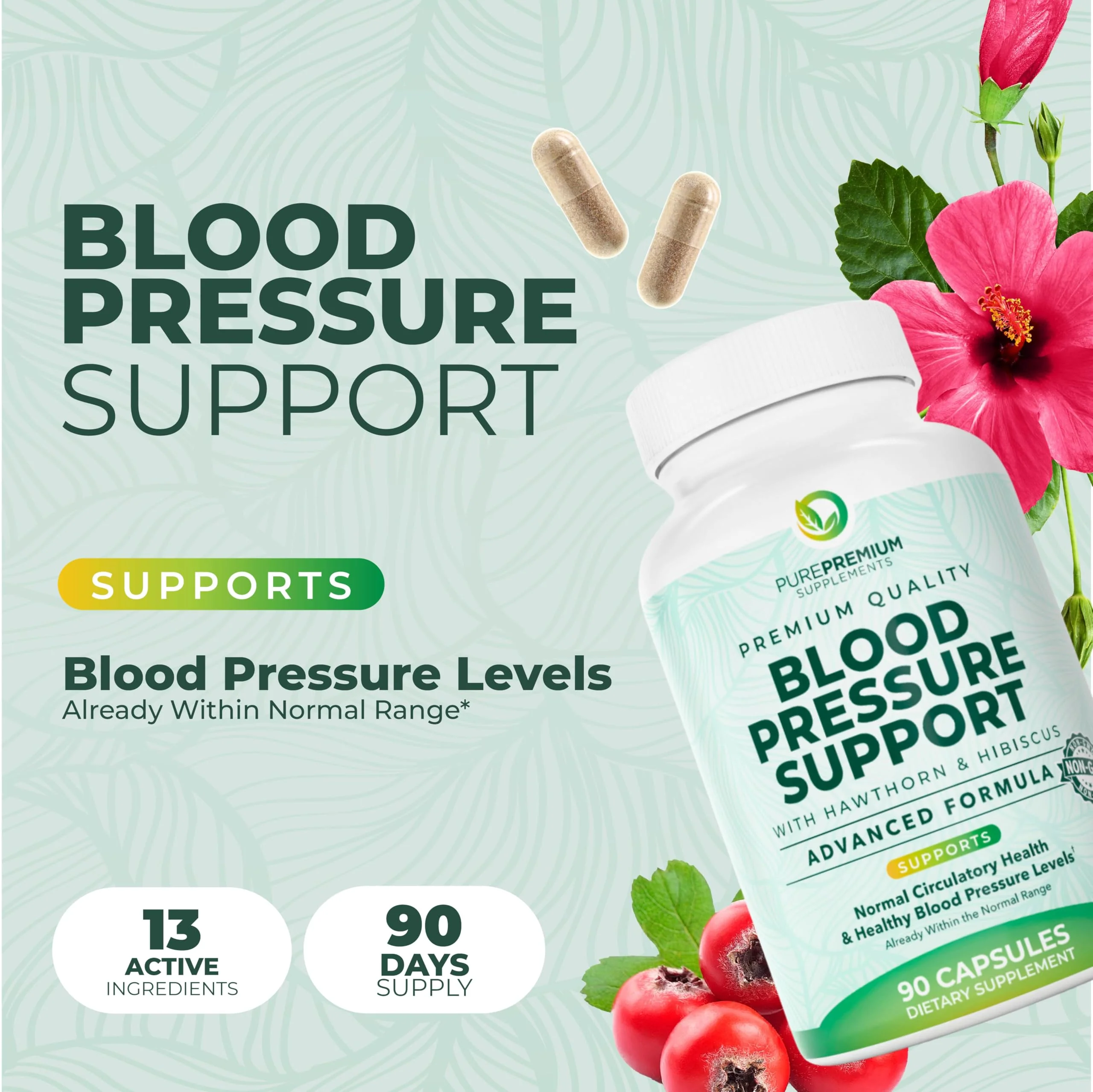 PurePremium Blood Pressure Supplements – Hawthorn, Hibiscus, Garlic & Vitamin B12 | Nitric Oxide Support for Heart & Circulation, 90 Count - Image 2
