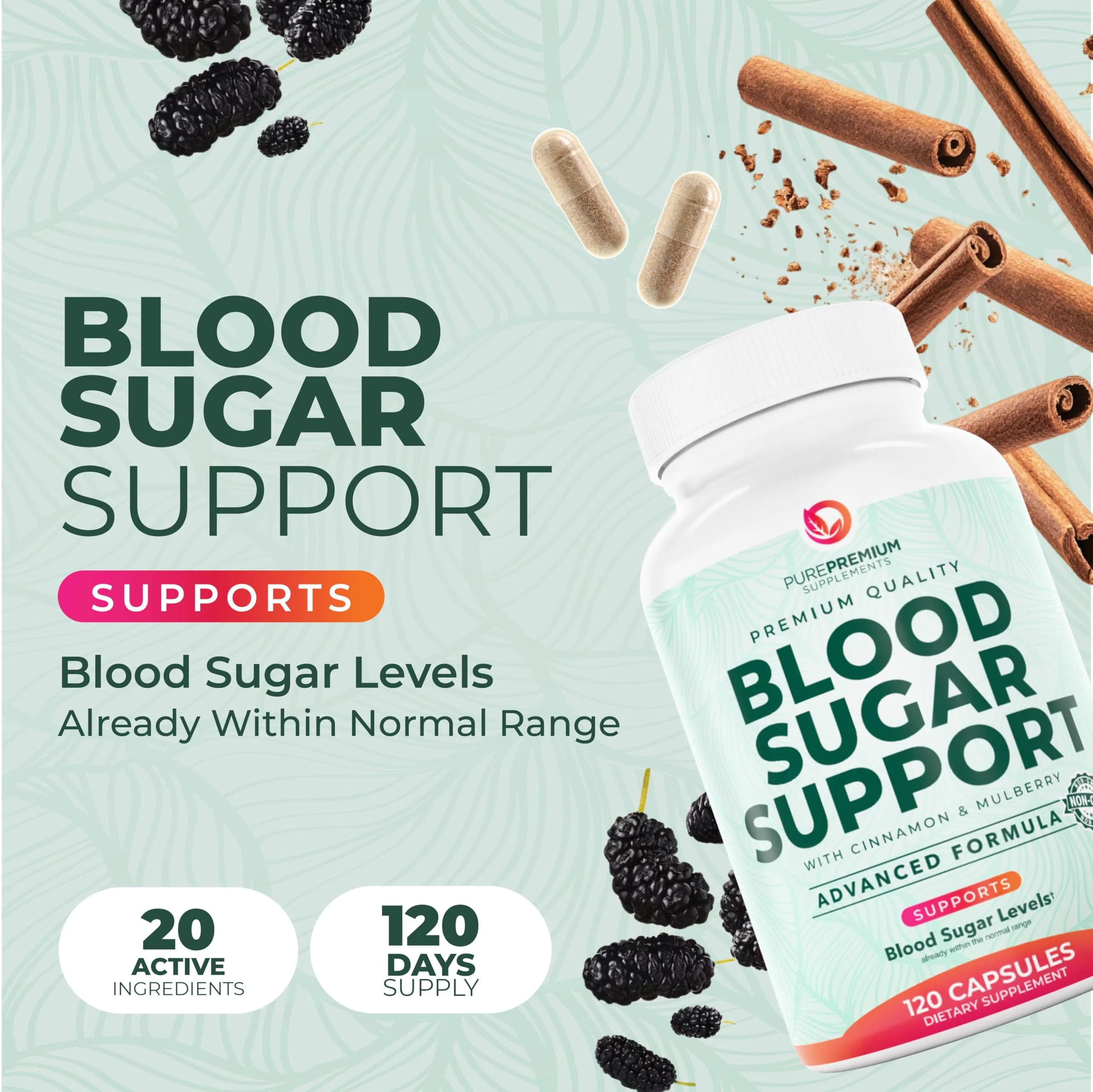 PurePremium Normal Blood Sugar Support Supplement - 120ct with 20 Active Ingredients including Cinnamon, Bitter Melon, Chromium & Mulberry - Image 10