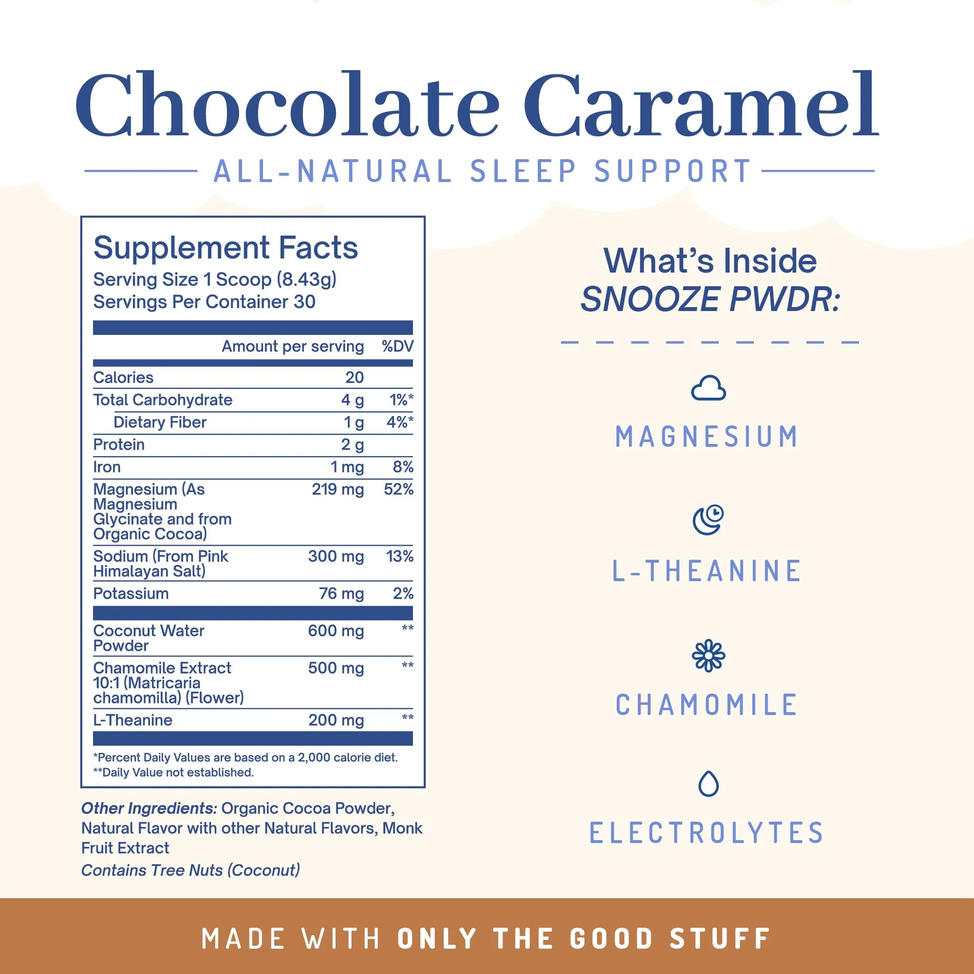 PWDRS Snooze Sleepy Time Hot Chocolate – All-Natural Sleep Support | 20 Calories | Non-GMO | Chocolate Caramel - Image 2