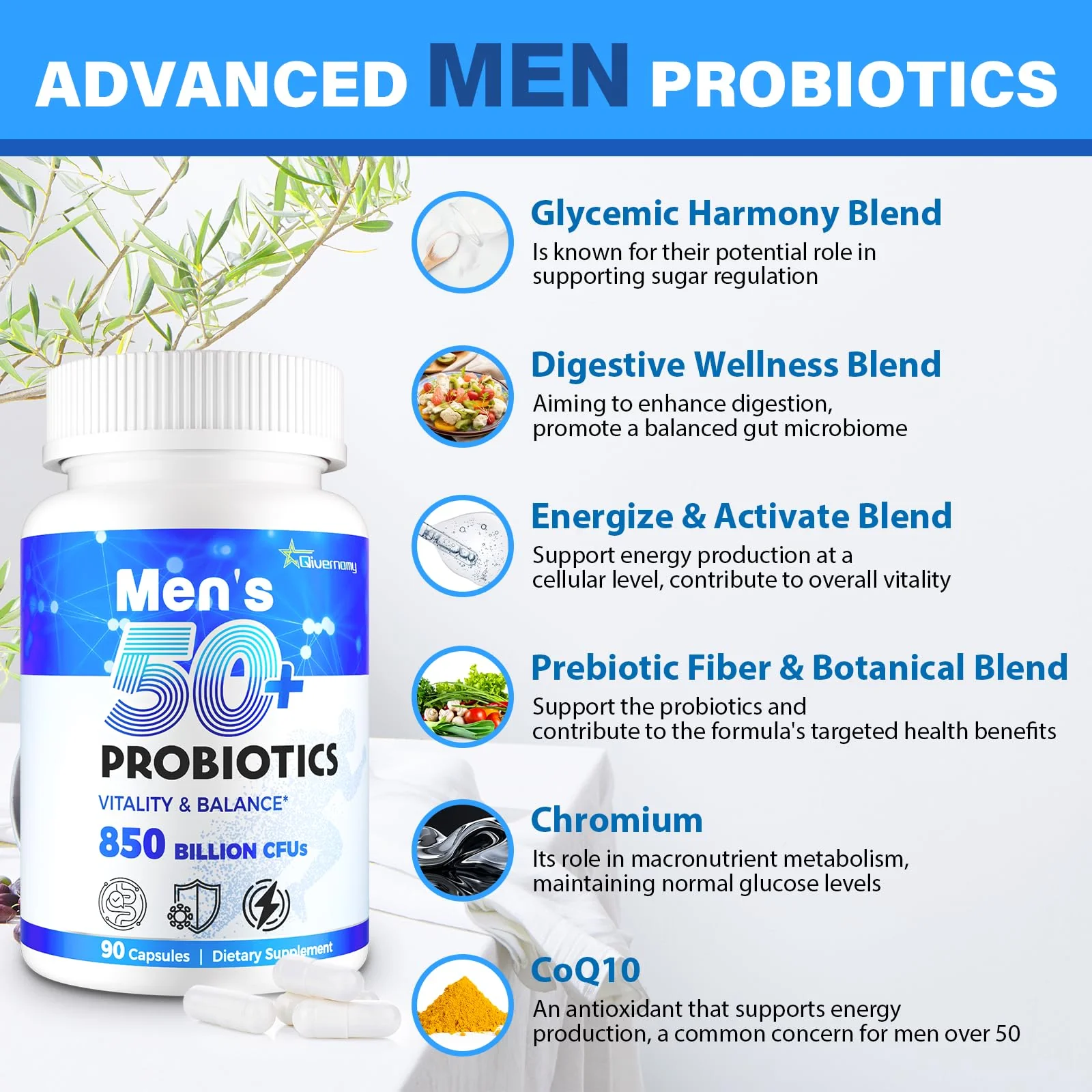 QIVERNAMY Probiotics for Men 50+ — 850B CFU, CoQ10, 360 Caps, 1800mg Prebiotic Fiber - Image 12