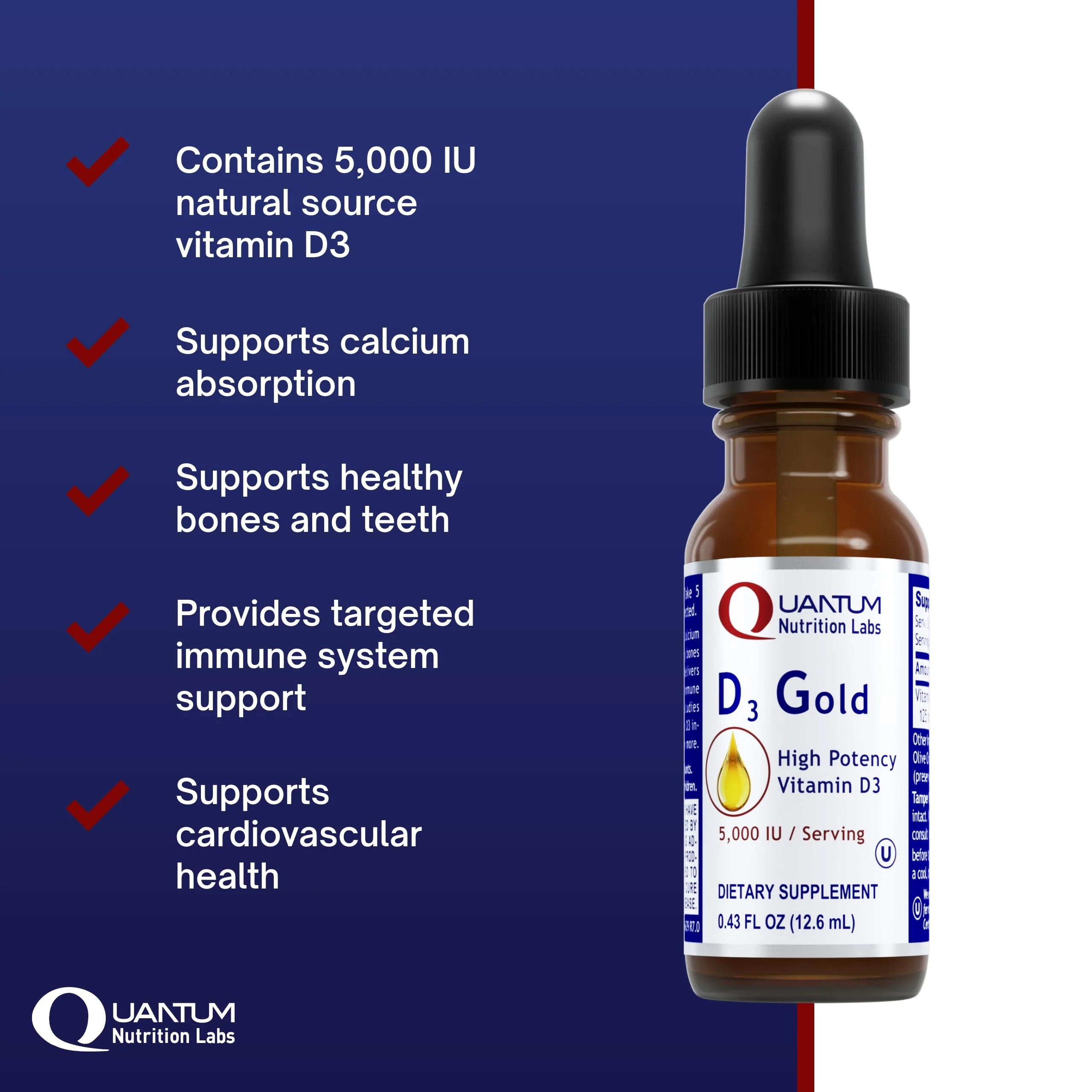 QNL D3 Gold Vitamin D Liquid Drops – Bone Strength, Immune & Cardiovascular Support | 0.43 fl oz (Pack of 2) - Image 2