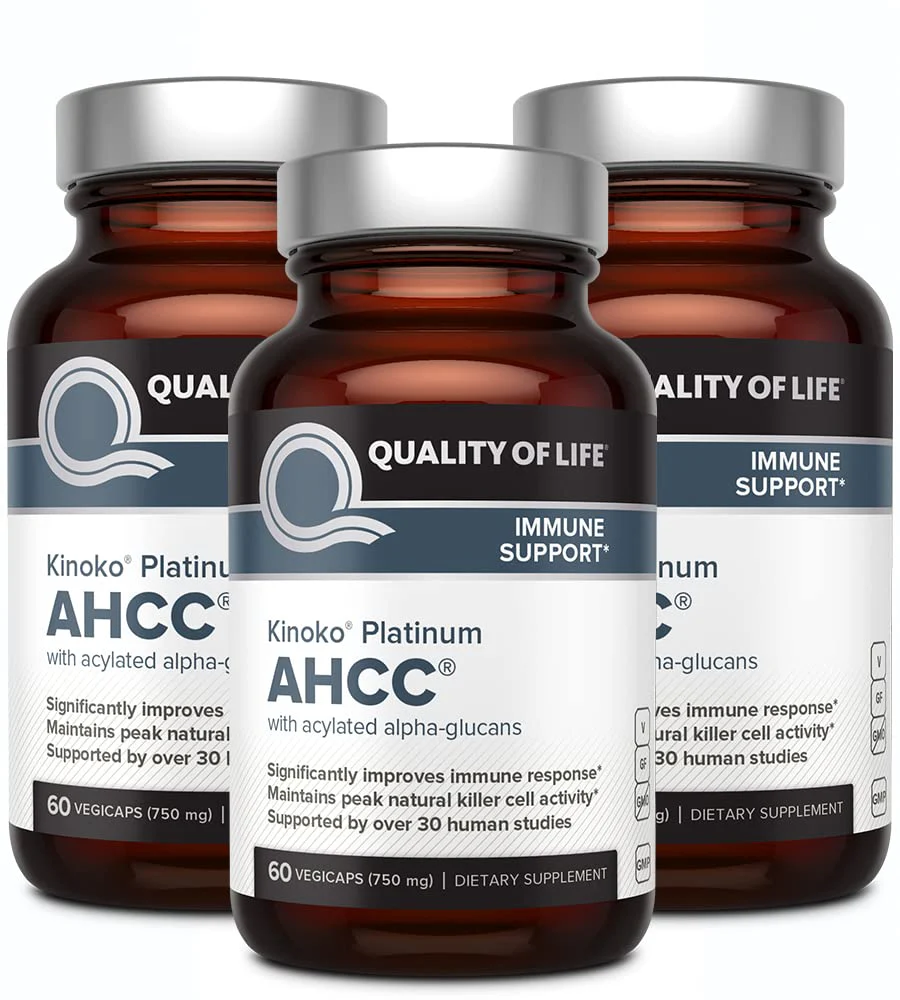 Quality of Life AHCC Kinoko Platinum 750 mg – Immune Support Pack of 3 (60 Count Bottles)