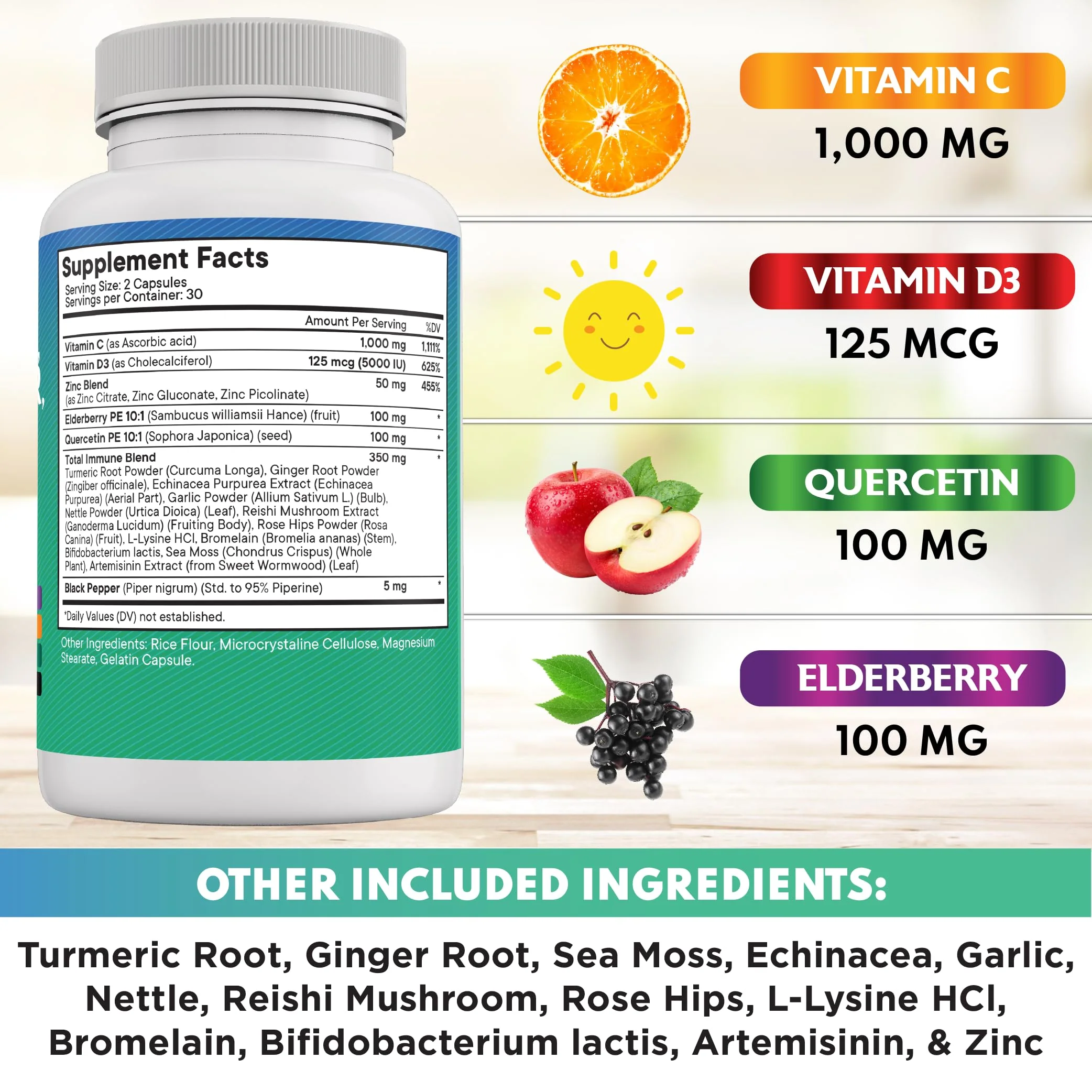 Quercetin Zinc Vitamin C Vitamin D Bromelain Elderberry – Nettle Immunity 120 Count - Image 3