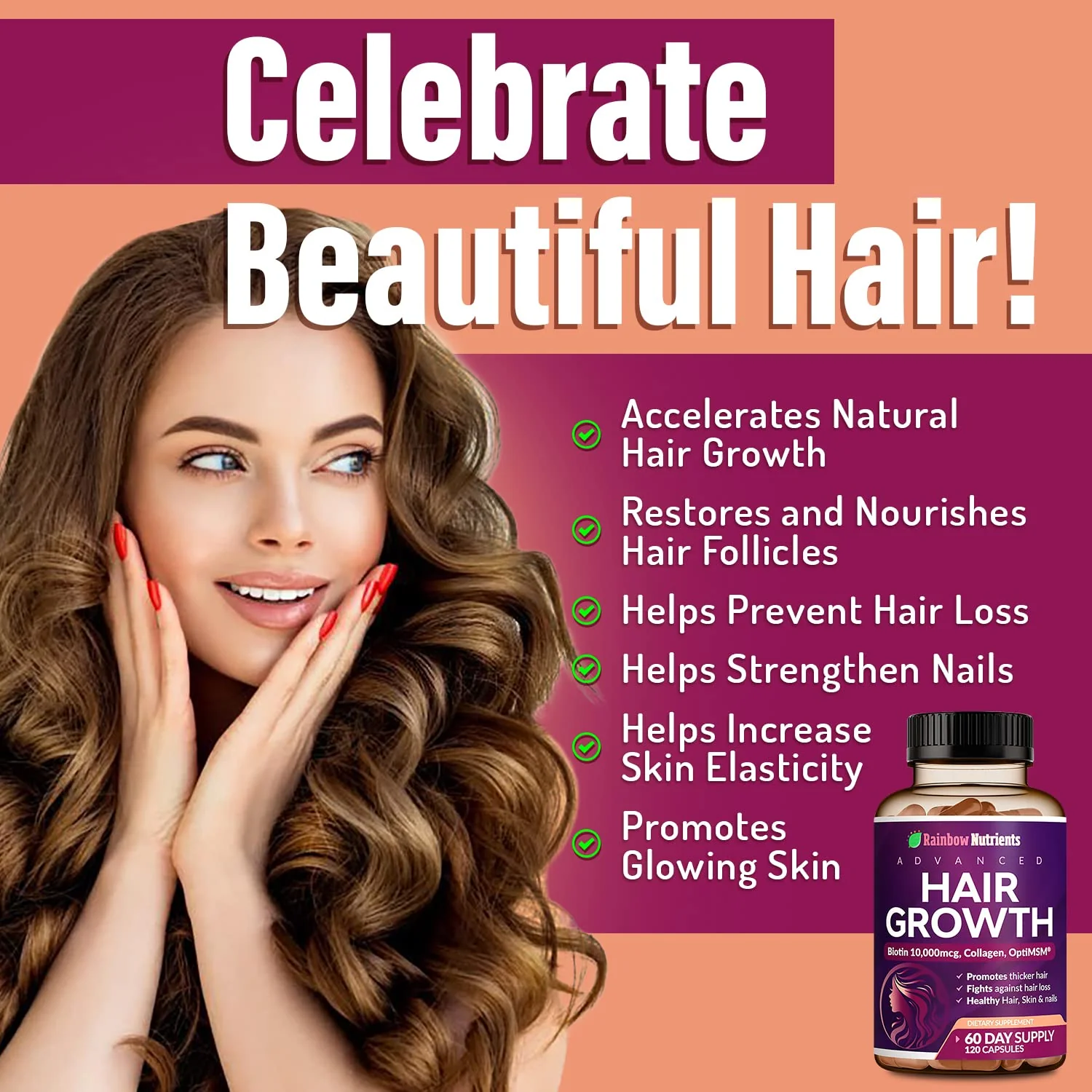 Rainbow Nutrients Hair Growth Vitamins for Women – 2 Pack with Biotin 10,000 mcg, Collagen, OptiMSM, Saw Palmetto - Image 11