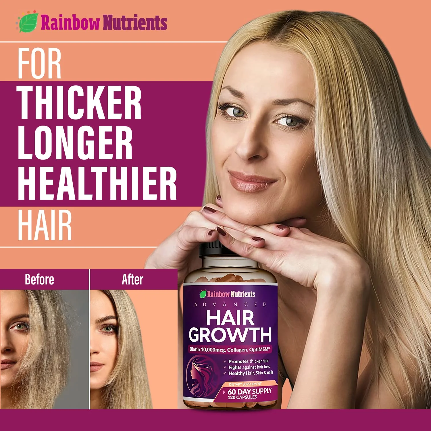Rainbow Nutrients Hair Growth Vitamins for Women – 2 Pack with Biotin 10,000 mcg, Collagen, OptiMSM, Saw Palmetto - Image 13