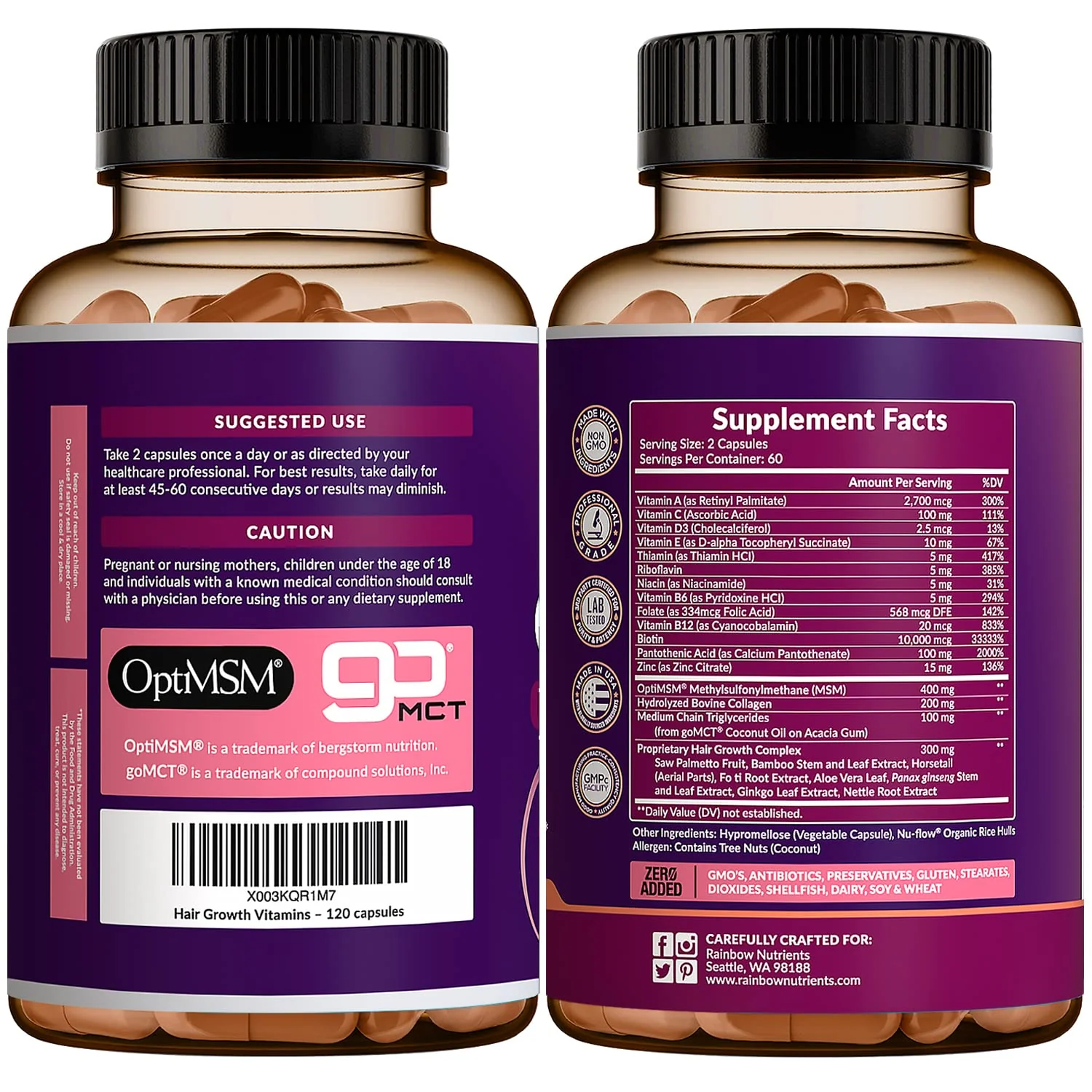 Rainbow Nutrients Hair Growth Vitamins for Women – 2 Pack with Biotin 10,000 mcg, Collagen, OptiMSM, Saw Palmetto - Image 18