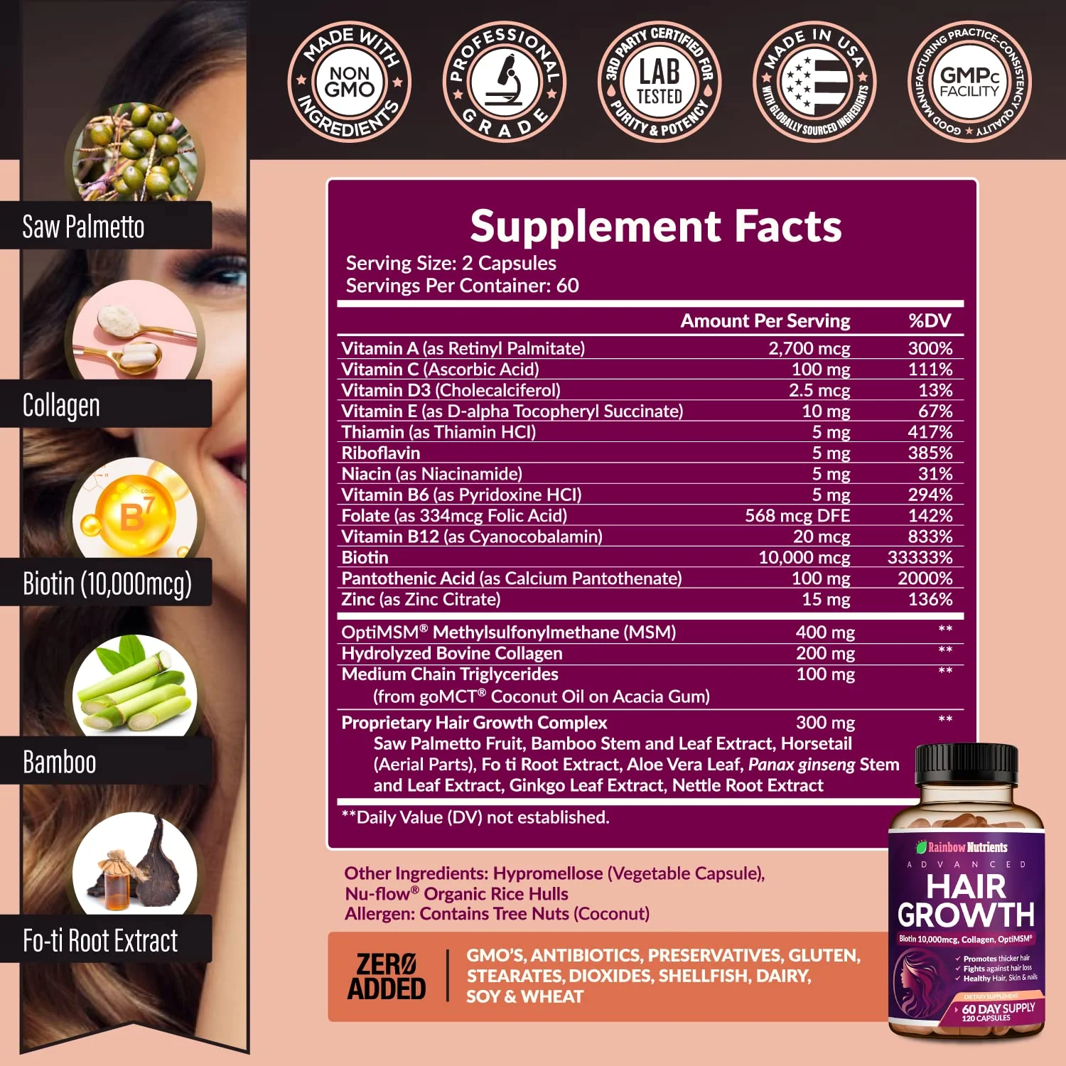 Rainbow Nutrients Hair Growth Vitamins for Women – 2 Pack with Biotin 10,000 mcg, Collagen, OptiMSM, Saw Palmetto - Image 3