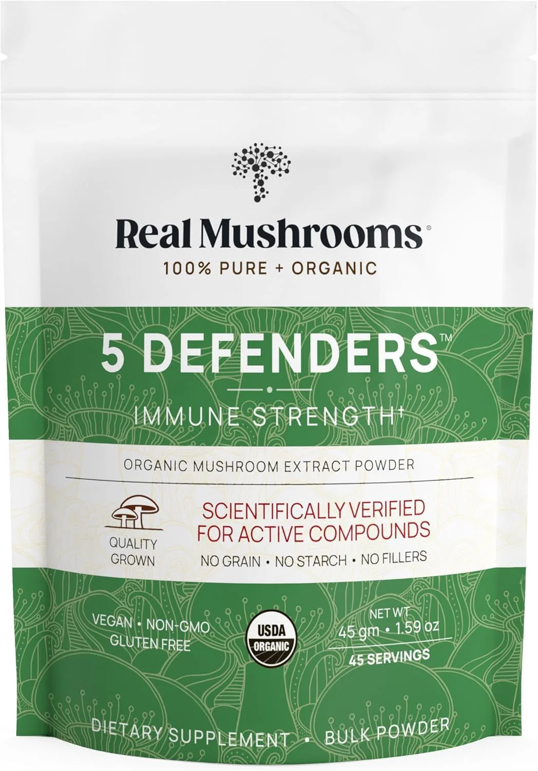 Real Mushrooms 5 Defenders Mushroom Complex – 5-Mushroom Beta Glucans (45 Servings)