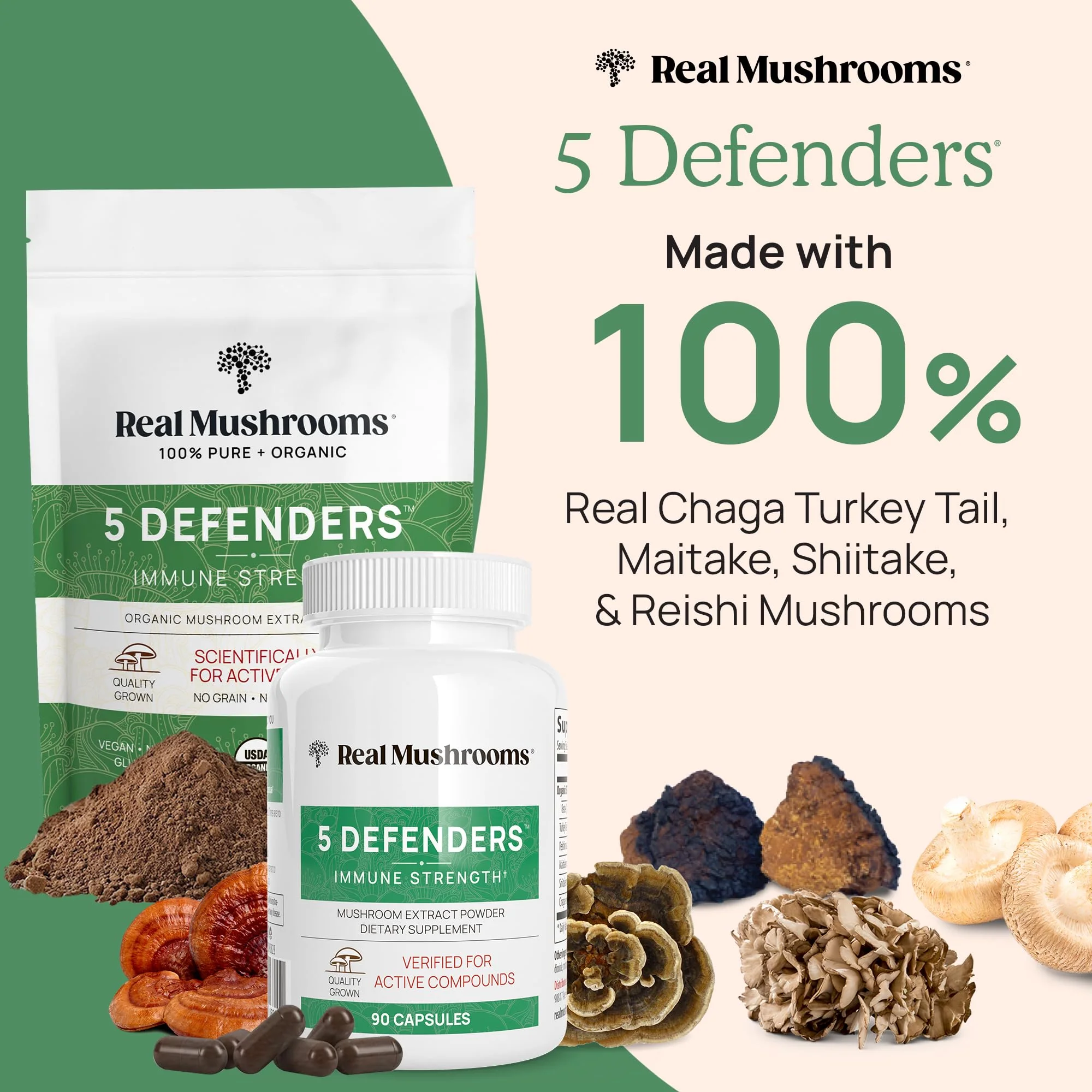 Real Mushrooms 5 Defenders Mushroom Complex Powder – Organic 5-Mushroom Blend, 100 Servings - Image 2
