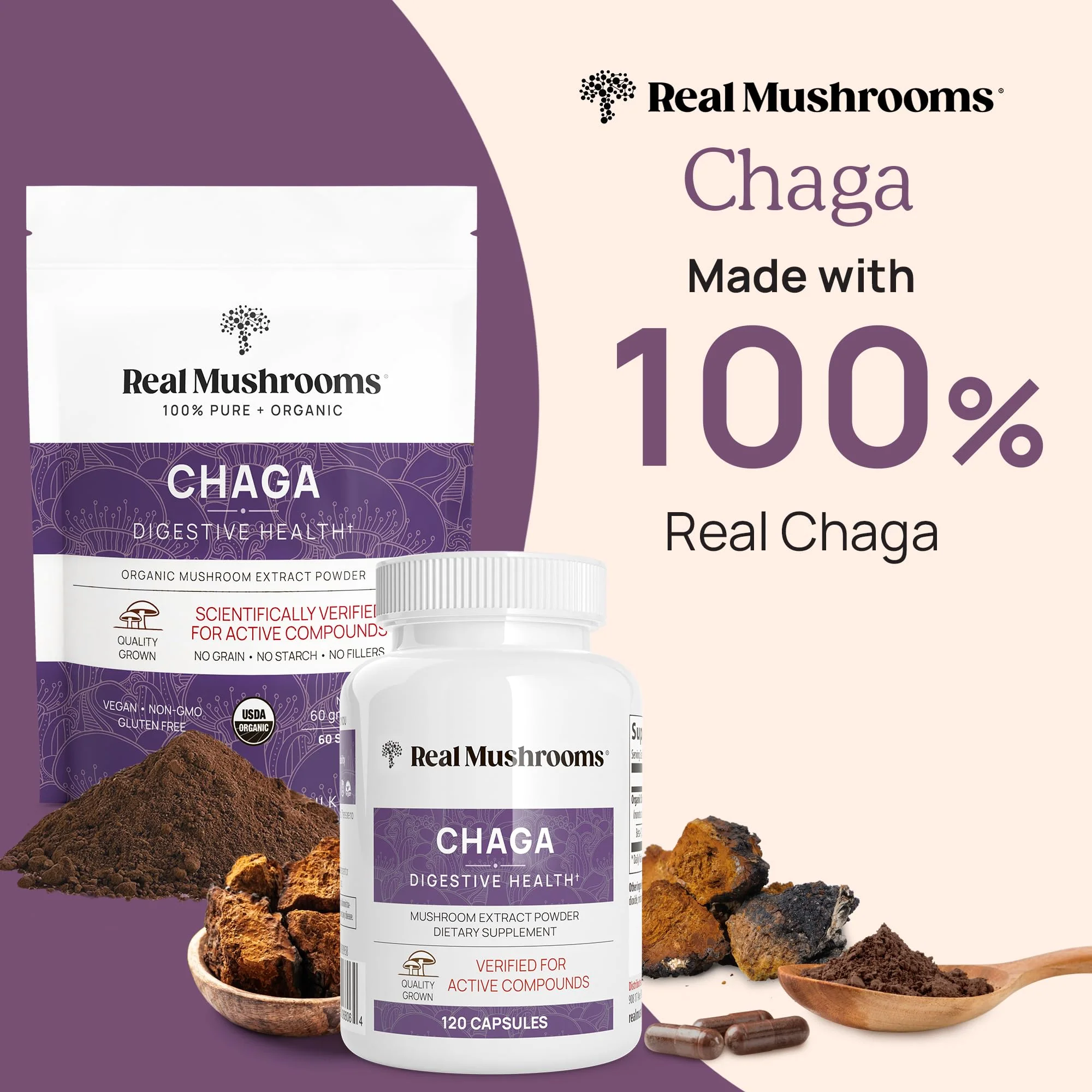 Real Mushrooms Chaga Mushroom Capsules – Organic Chaga Extract Powder with Extract Powder for Wellness & Energy Support– Vegan, Non-GMO, 120 Capsules – Organic Mushroom Supplement - Image 2