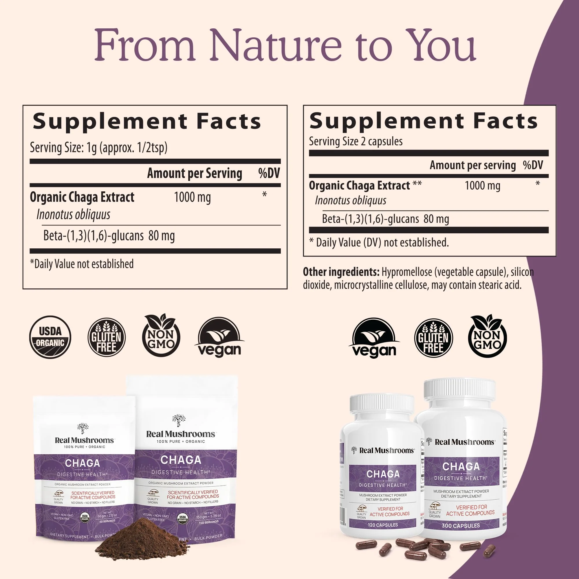 Real Mushrooms Chaga Mushroom Capsules – Organic Chaga Extract Powder with Extract Powder for Wellness & Energy Support– Vegan, Non-GMO, 120 Capsules – Organic Mushroom Supplement - Image 3