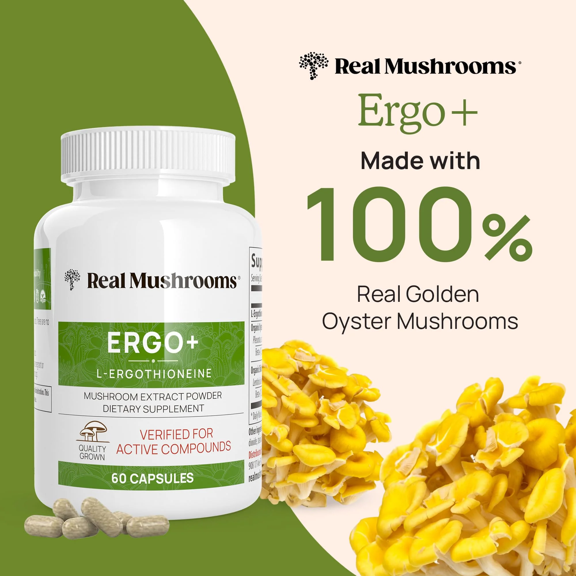 Real Mushrooms Ergothioneine Supplement – Golden Oyster Mushroom Extract, 60 Capsules – Organic, Vegan, Non-GMO - Image 2