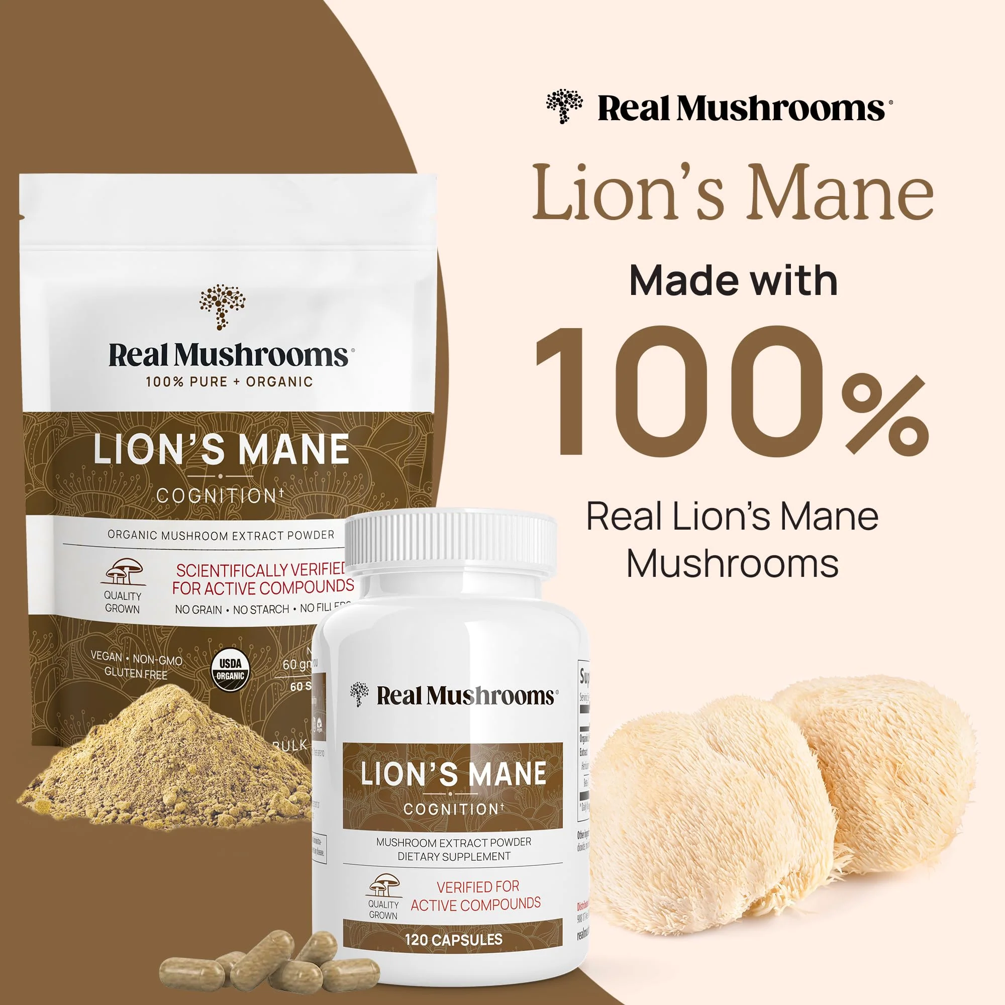 Real Mushrooms Lion’s Mane Supplement Capsules - Organic, Vegan, 300 ct, Beta-Glucan Rich - Image 2